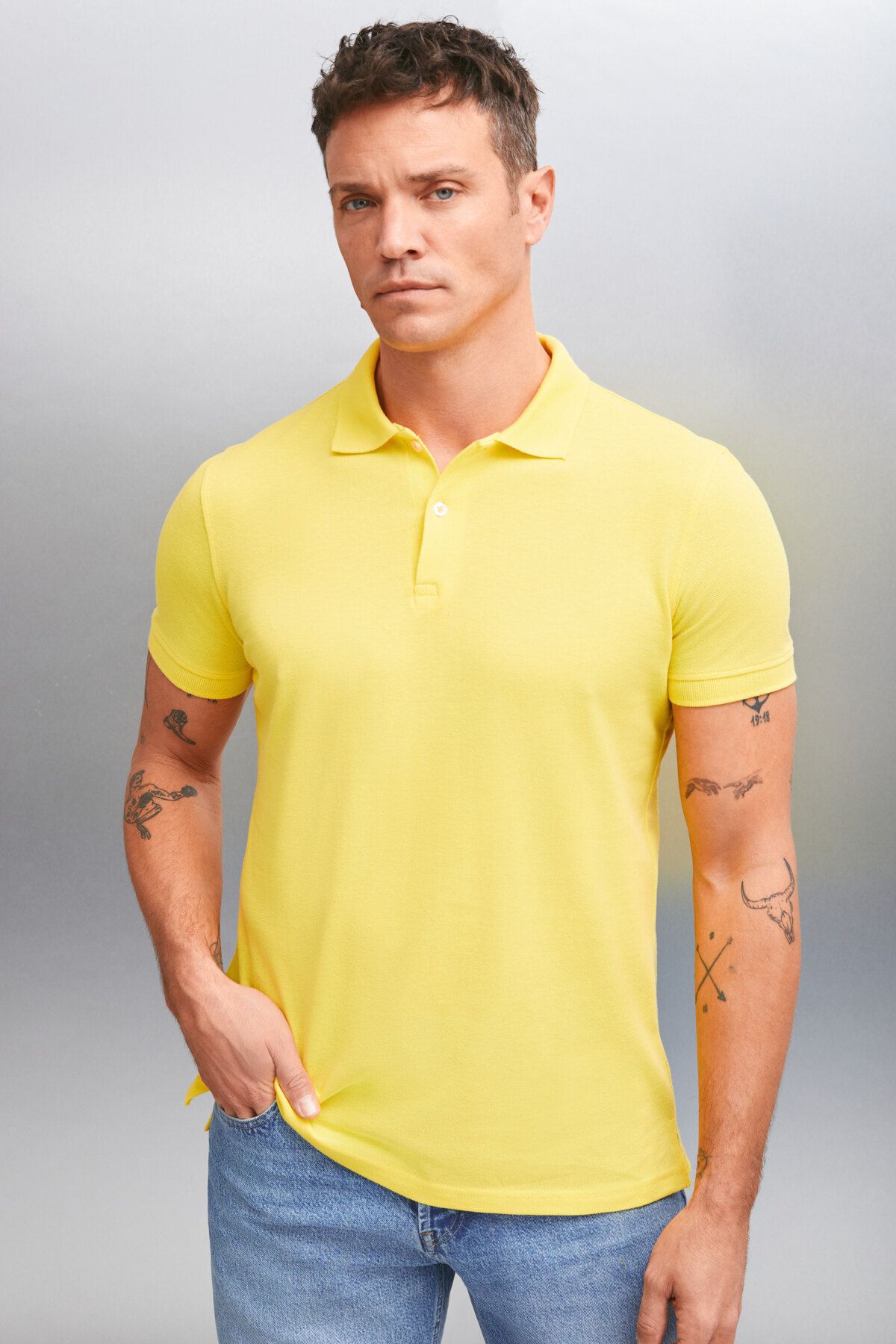 GRIMELANGE FORET Erkek %100 Pamuk Kısa Kol Regular Fit Sarı Polo Yaka T-shirt