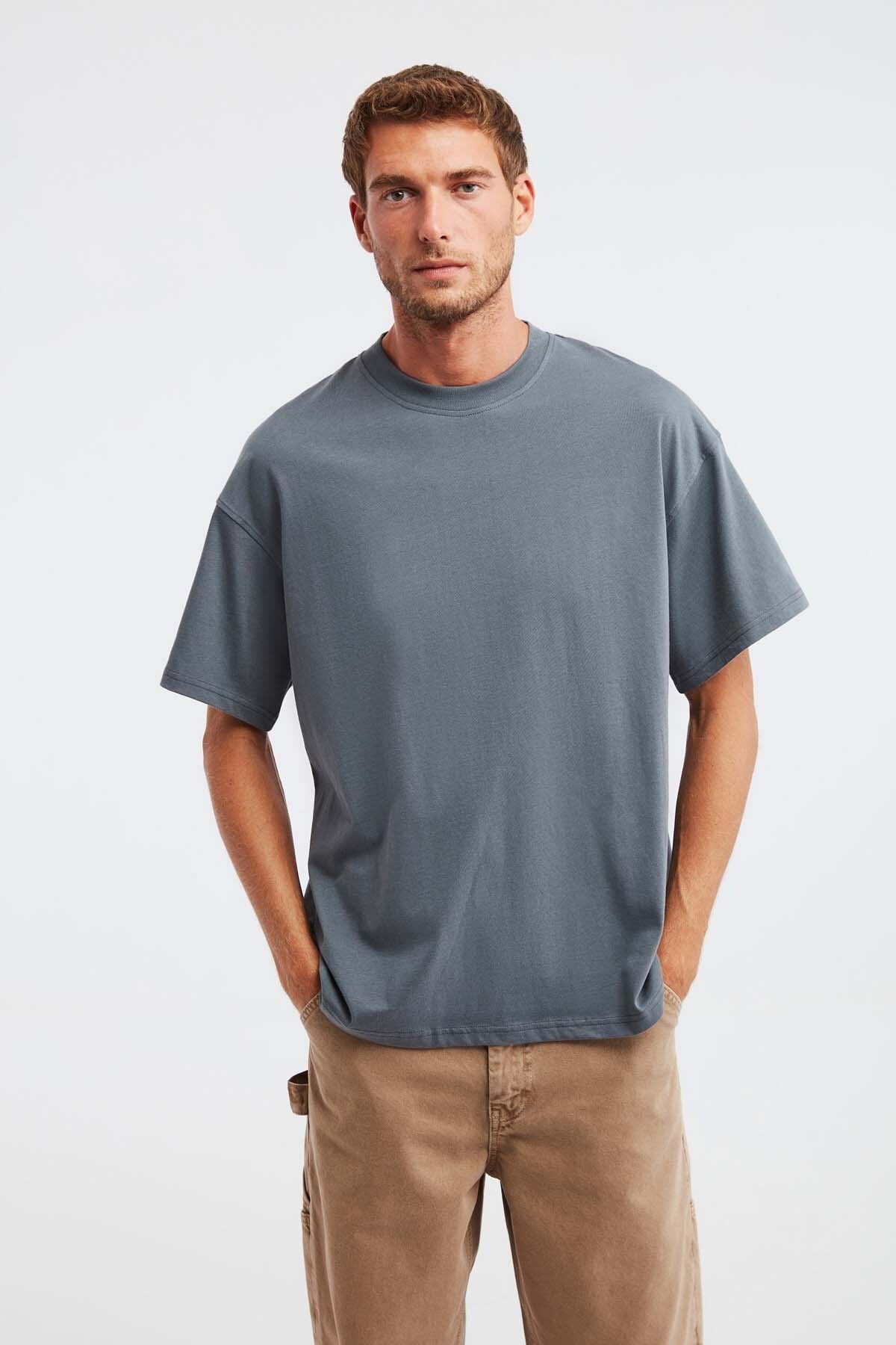 GRIMELANGE Jett Erkek Oversize Fit %100 Pamuk Kalın Dokulu Açık Gri T-shirt