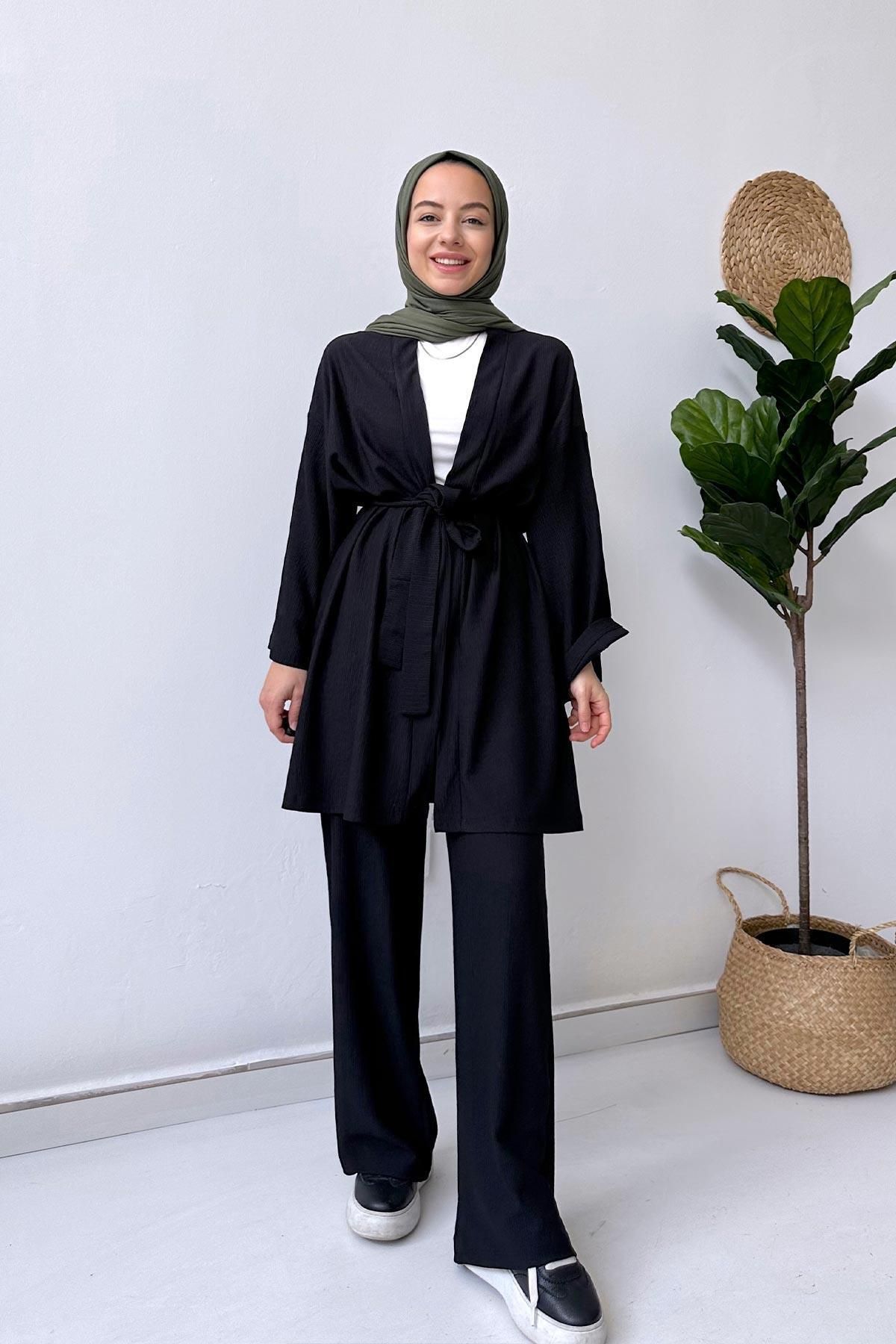 Ka Hijab Fakir Kol Kemerli Kimono Ikili Takım - Siyah