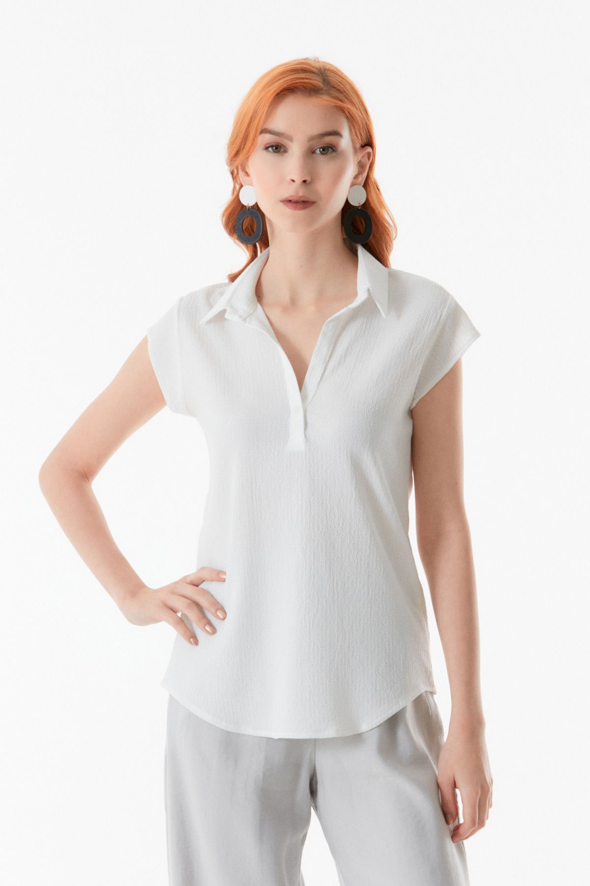 Fullamoda Basic Bürümcük Kumaş Gömlek Yaka Bluz