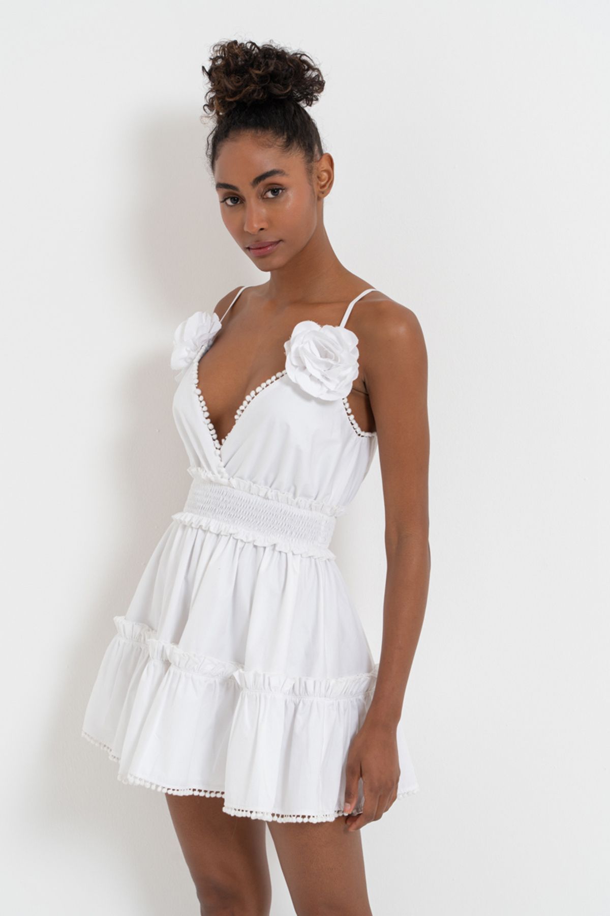 Kikiriki Off white V Yaka Mini Poplin Elbise