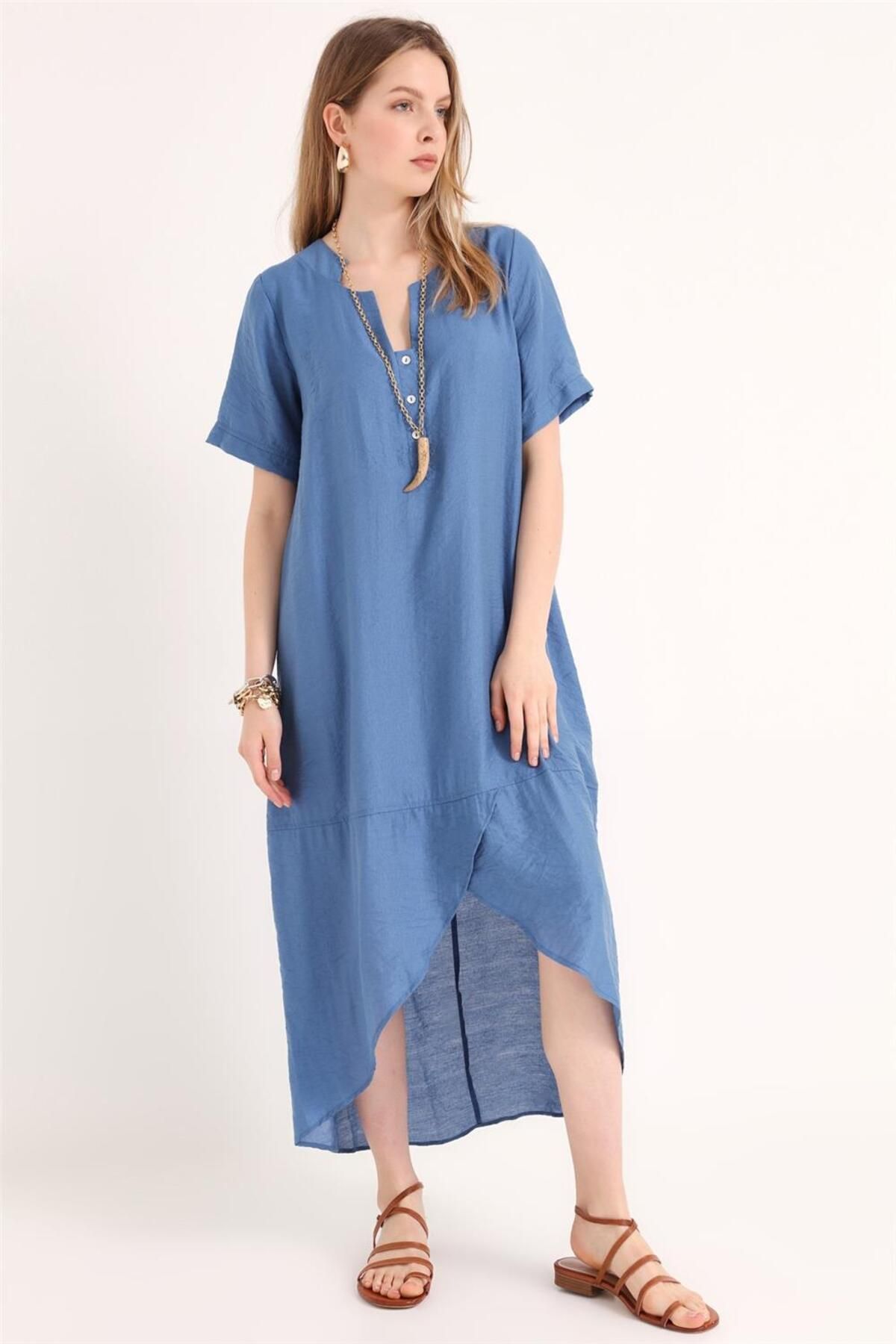 Home Store Elbise Tunusien 3 Dügmeli Yaka Kisa Kol - Mavi