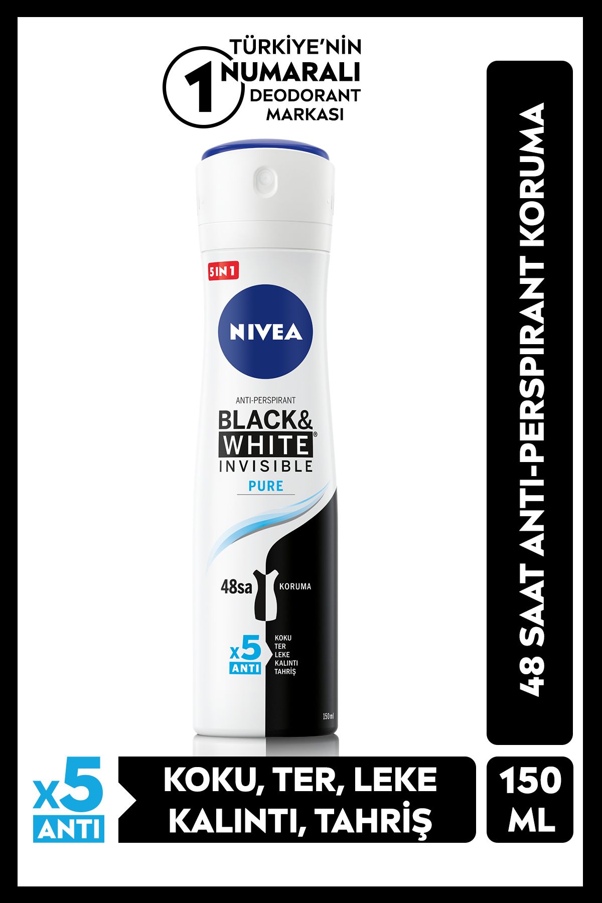 NIVEA Kadın Sprey Deodorant Black&white Fresh Invisible 150ml, Ter Kokusuna Karşı 48 Saat Etkili