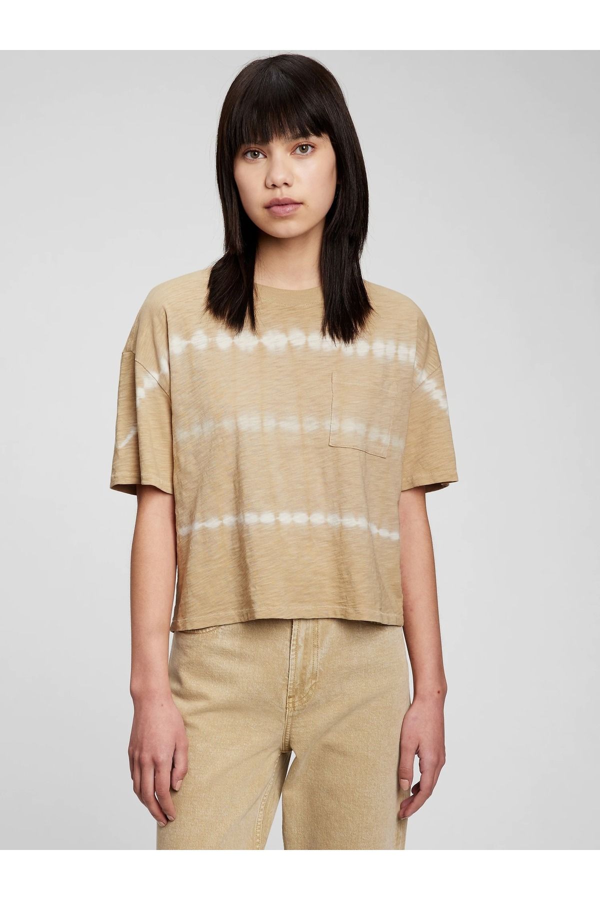 GAP Genç Kız Kahverengi Batik 100% Organik Pamuk Cep Detaylı T-shirt