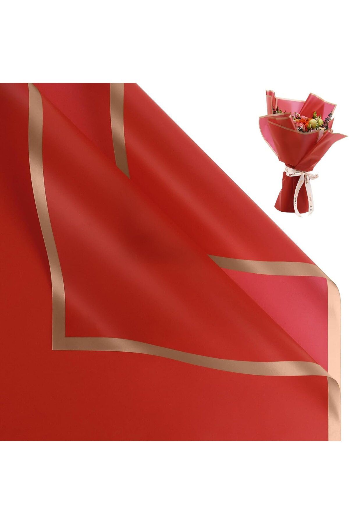 roco paper Çiçek Ambalaj Kağıdı - Kırmızı - Altın Kenarlı - Mat OPP 58x58 cm - 5 Adet