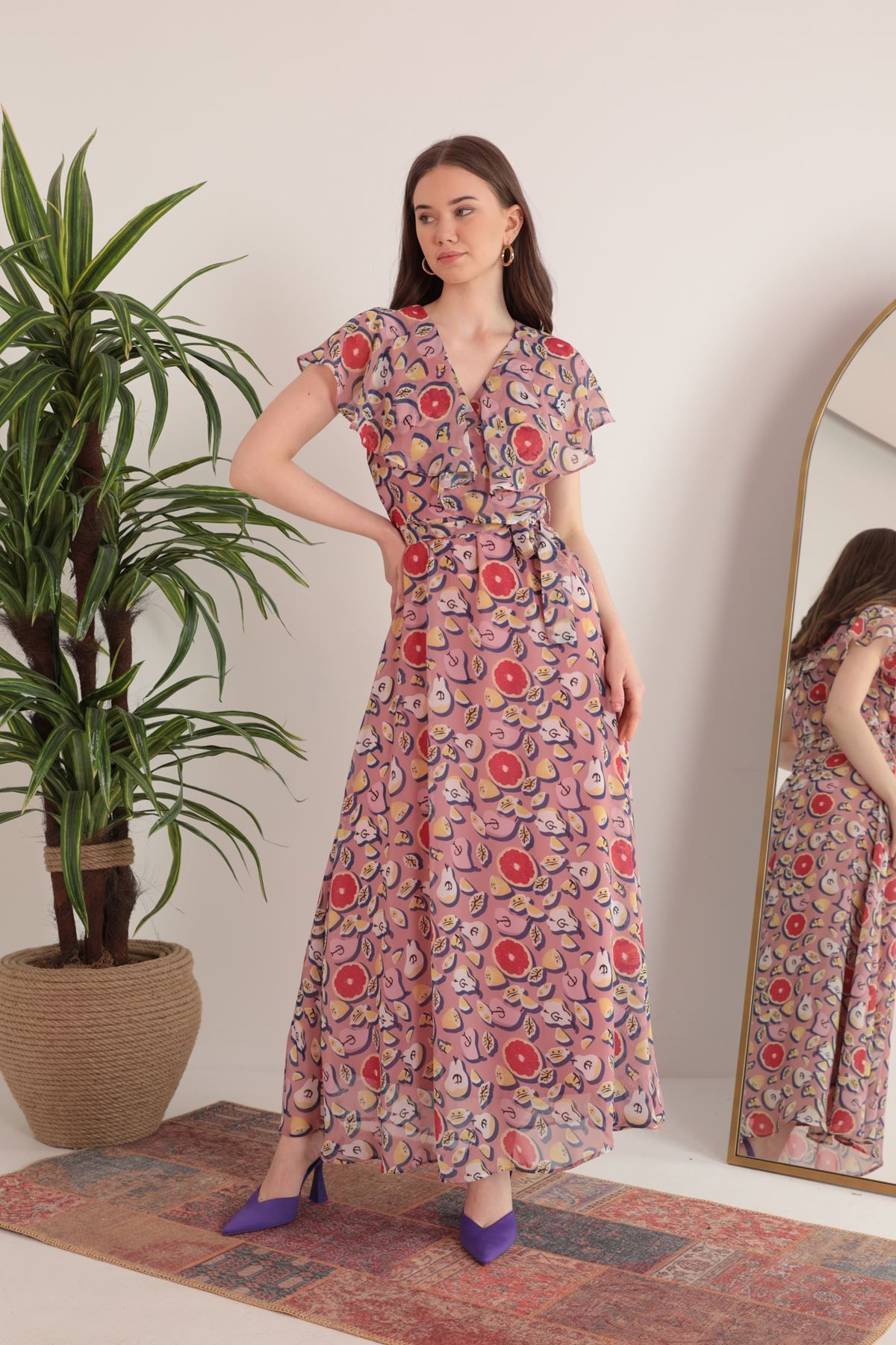 Özel Tasarım Şifon Karışık Meyve Desenli Astarlı Kadın Elbise