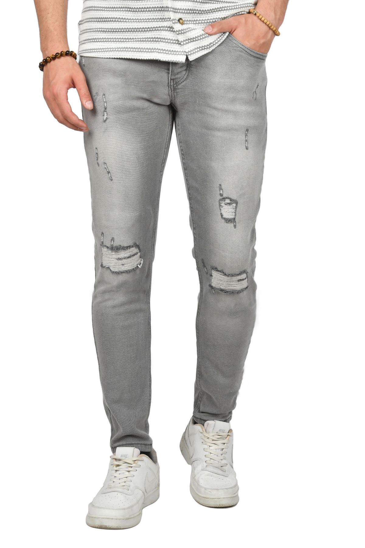DeepSea Erkek Gri Lazer Kesim Yırtıklı Slim Fit Kot Pantolon 2406552