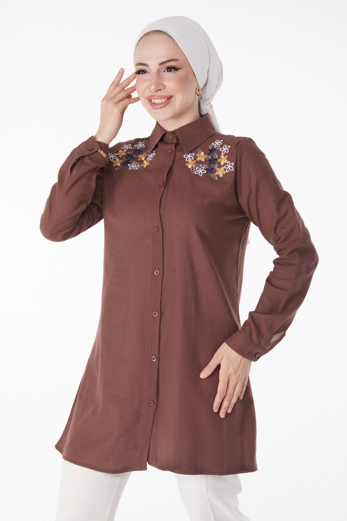 TOFİSA Düz Gömlek Yaka Kadın Kahverengi Nakışlı Gömlek - 13167