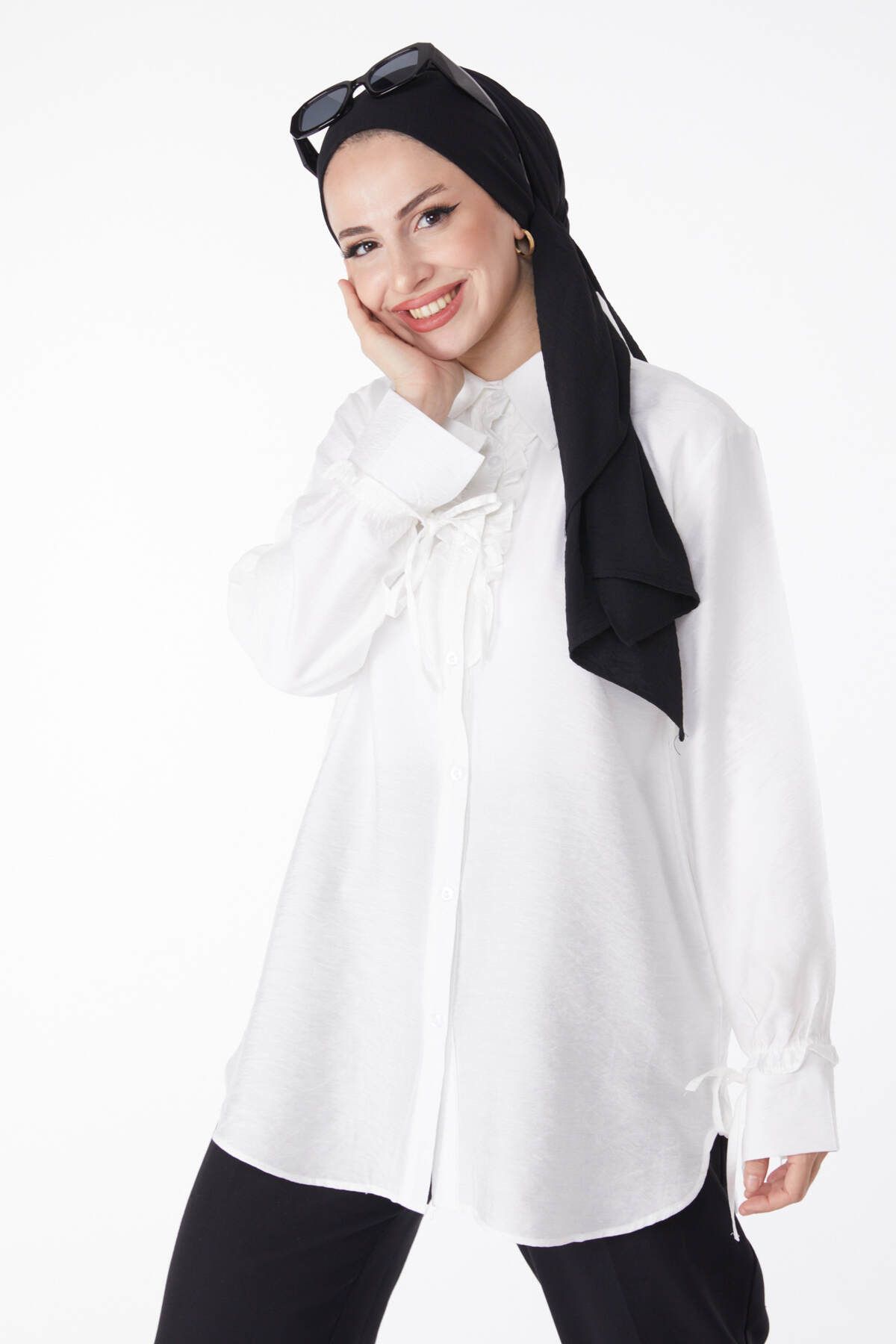 TOFİSA Düz Gömlek Yaka Kadın Beyaz Fırfırlı Gömlek - 25259