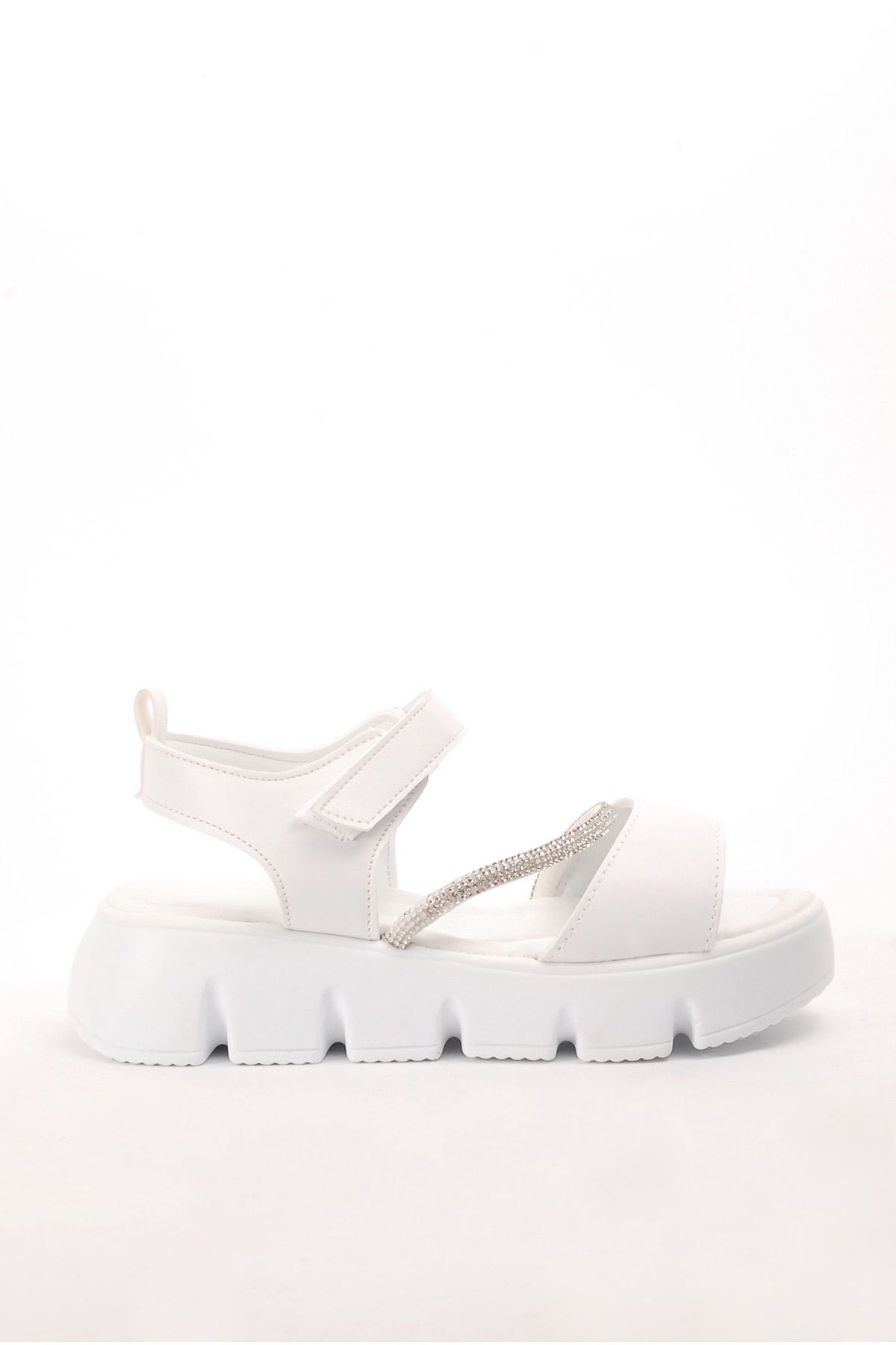 Rıdvan Çelik Kız Çocuk Cırtlı Taş Detaylı Kalın Taban Günlük Sandalet Beyaz