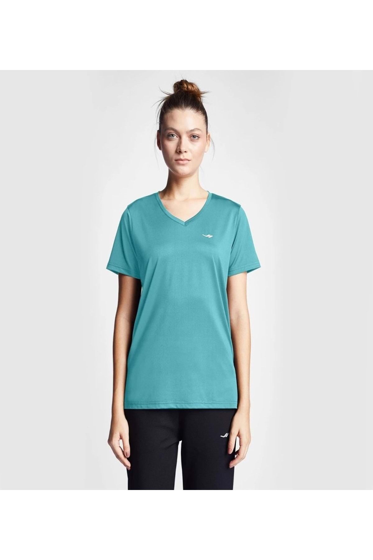 Lescon 24S-2208-24B Kadın V Yaka Kısa Kollu T-shirt - Yeşil