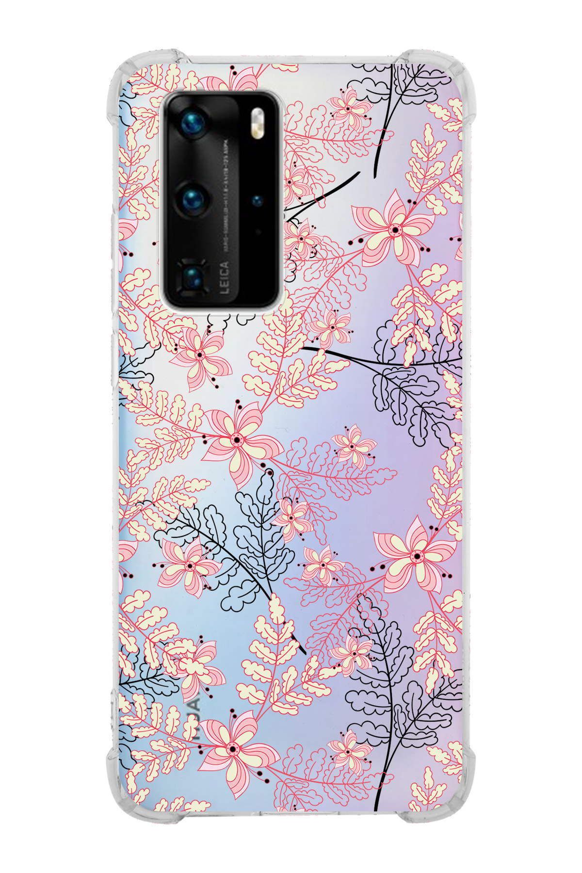 PrintiFy Huawei P40 Pro Uyumlu Köşe Korumalı Floral Kırmızı Tasarımlı Şeffaf Silikon Kılıf