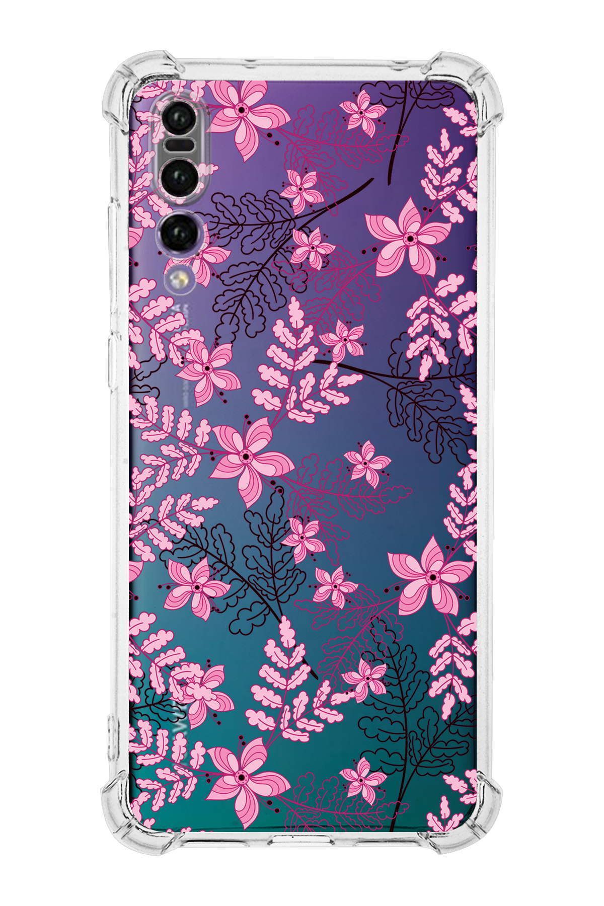 PrintiFy Huawei P 20 Pro Uyumlu Köşe Korumalı Floral Pembe Tasarımlı Şeffaf Silikon Kılıf