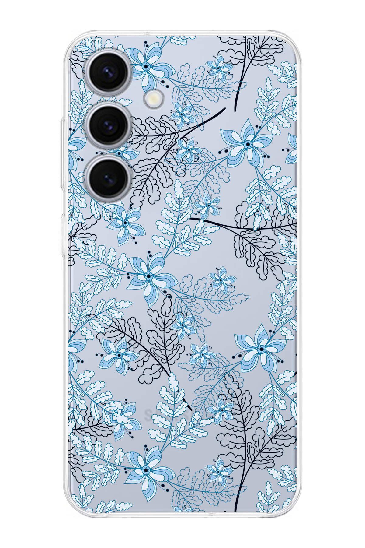 PrintiFy Samsung S24 Plus Uyumlu Kamera Korumalı Floral Mavi Tasarımlı Şeffaf Silikon Kılıf