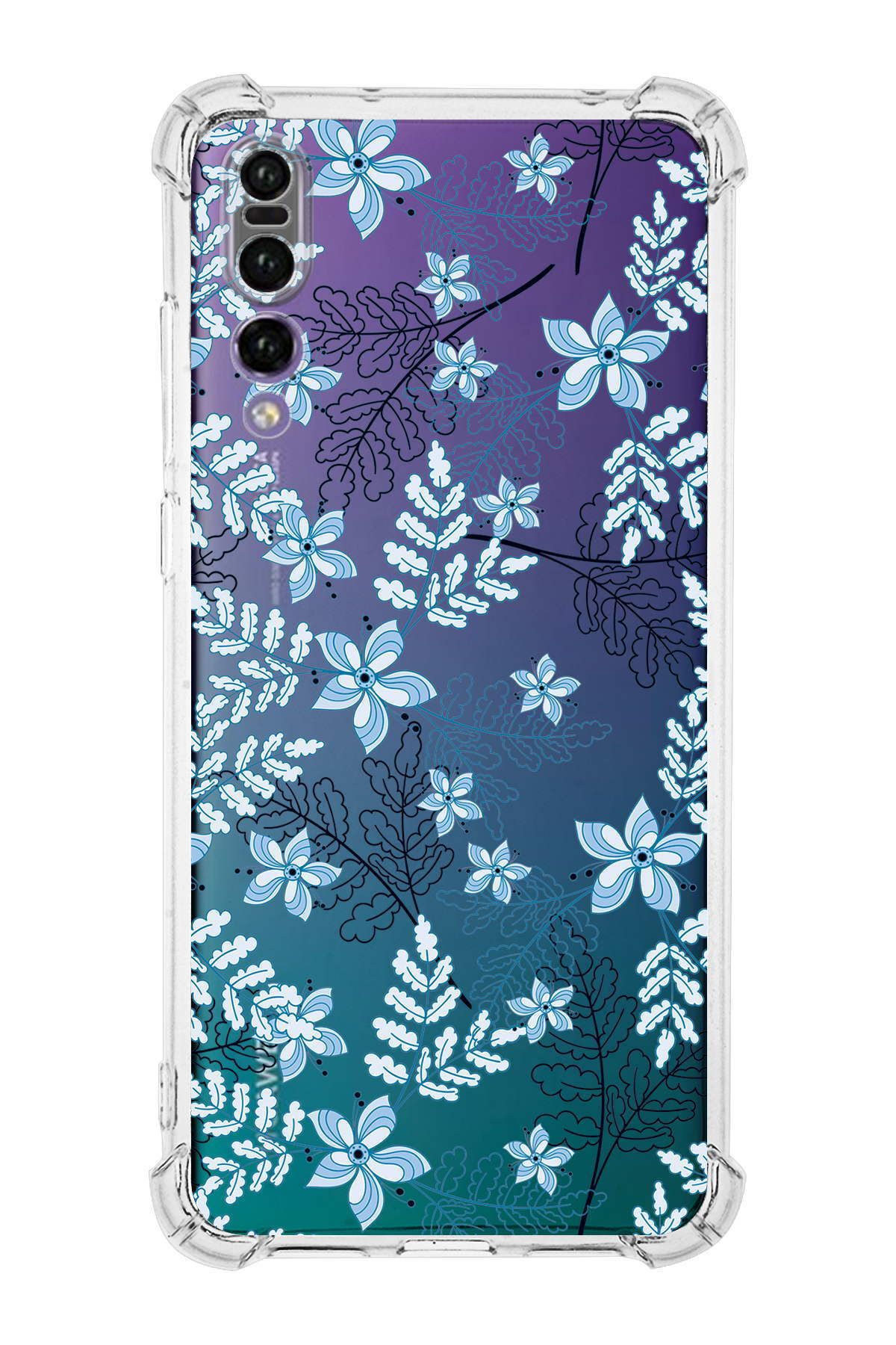 PrintiFy Huawei P 20 Pro Uyumlu Köşe Korumalı Floral Mavi Tasarımlı Şeffaf Silikon Kılıf