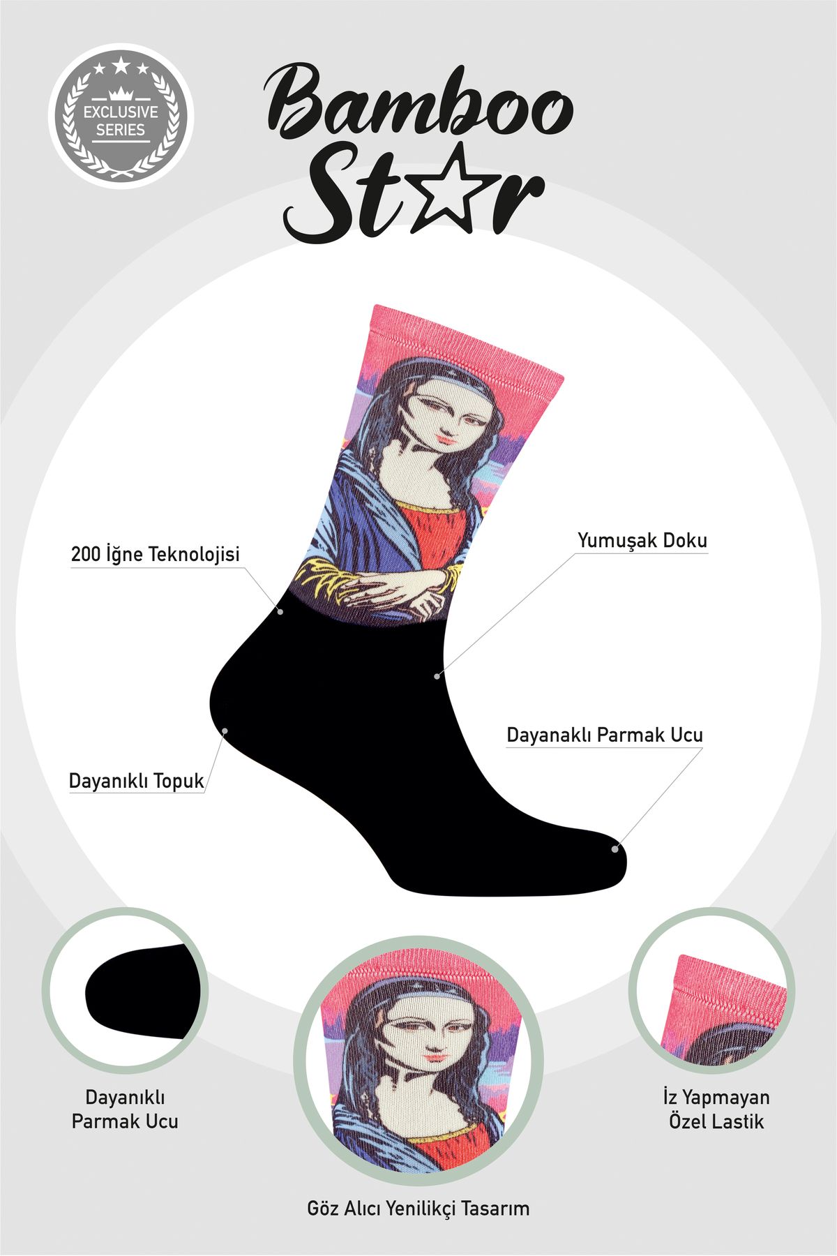 bamboo star Makyajlı Mona Lisa Çorap Pop-Art - Dijital Baskılı Çorap  Uzun Soket Premium Çorap  - Unisex