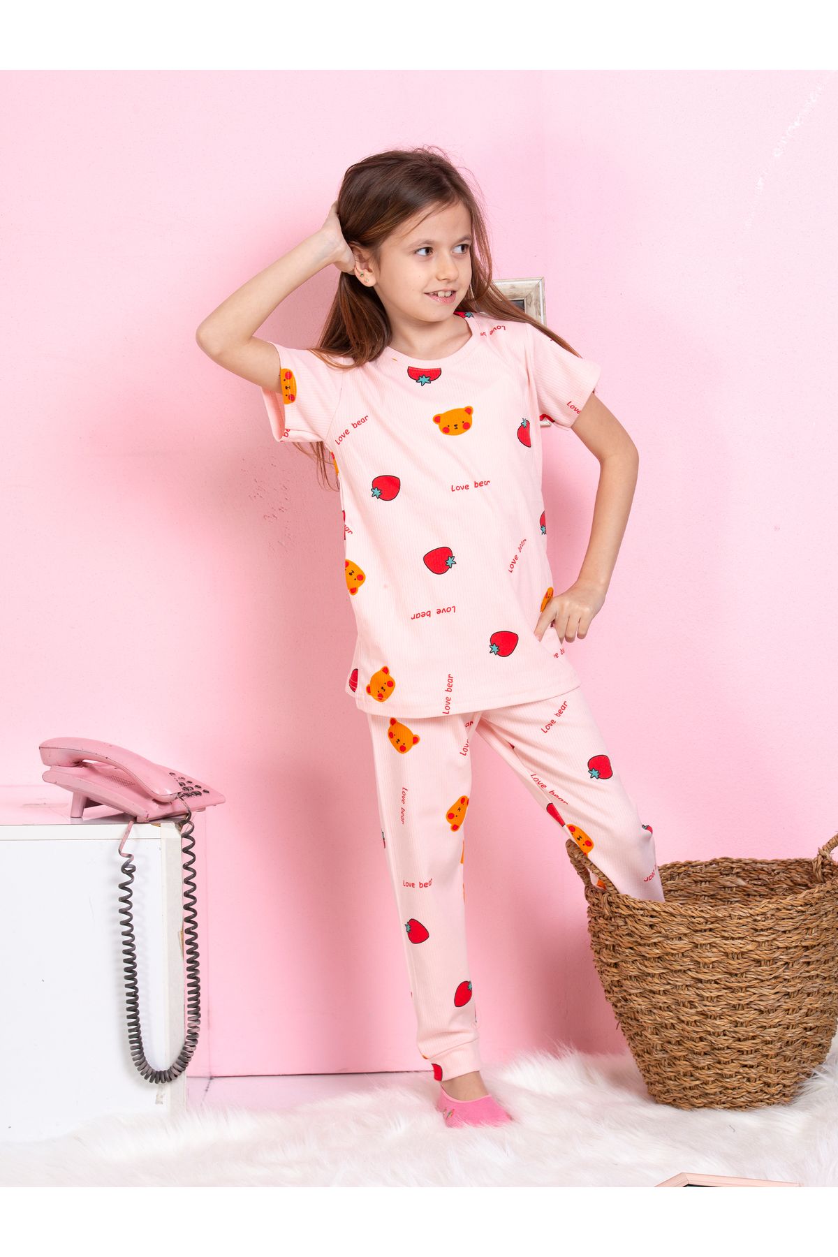 MADALİNA Kız Çocuk %100 Pamuklu Çilek Desen Fitilli Yazlık Pijama Takımı