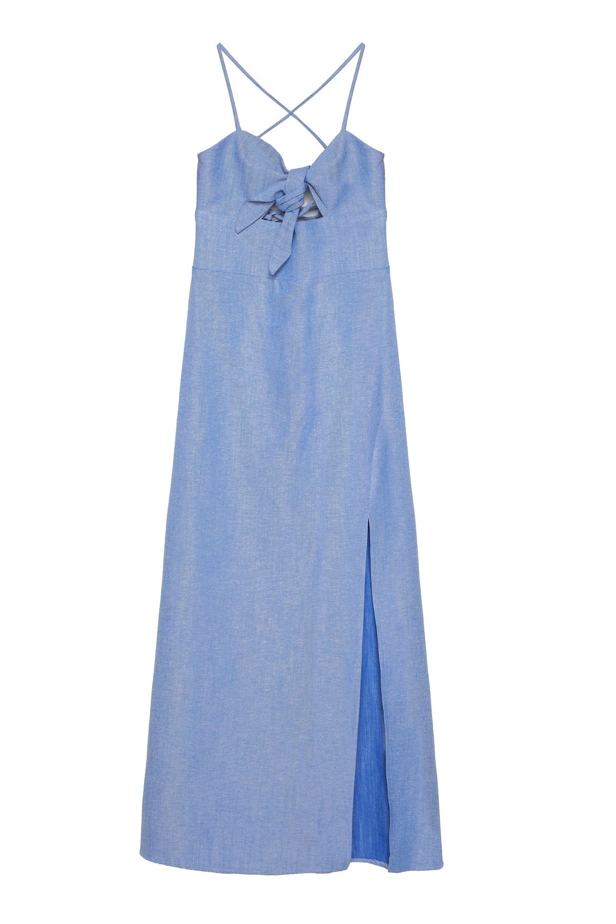Quzu Sırtı İp Bağlama Detaylı Yırtmaçlı Elbise Mavi