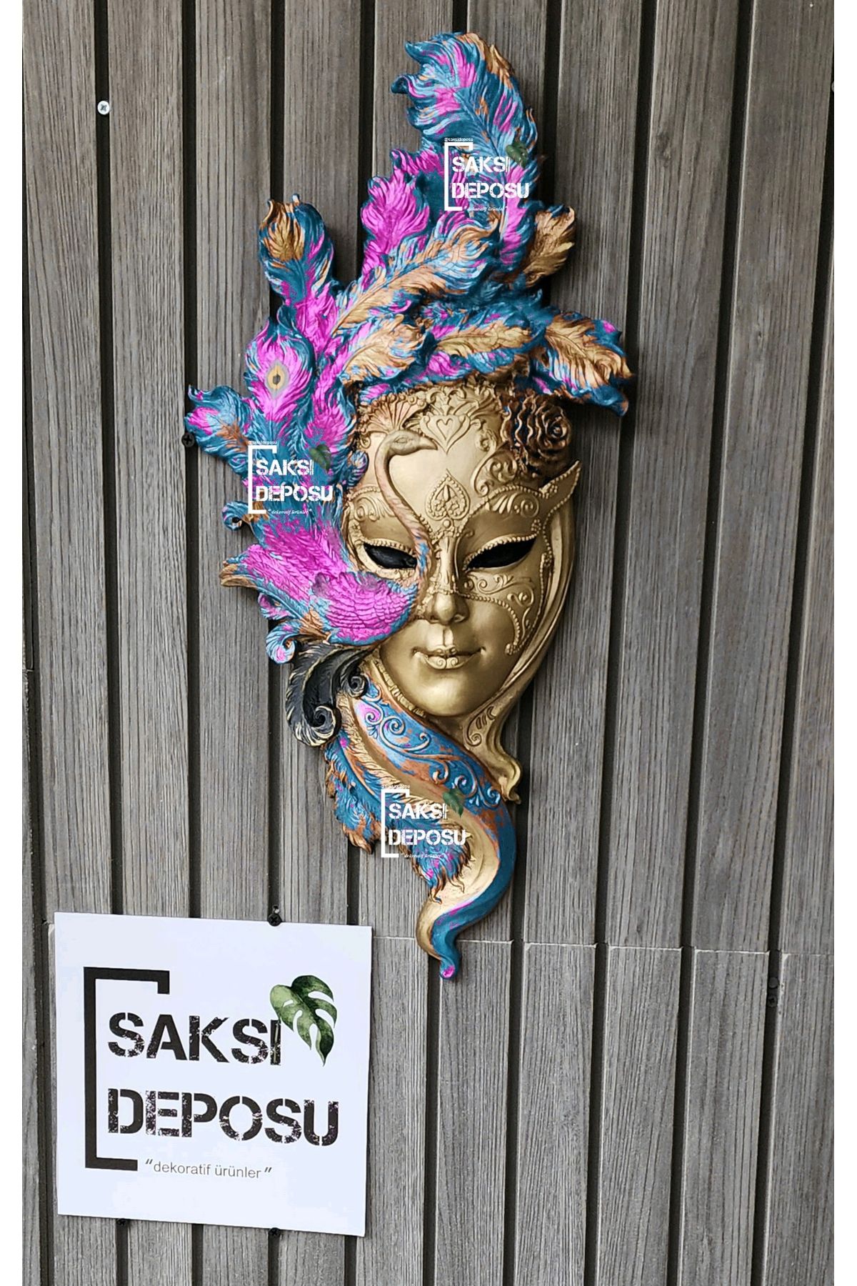 saksı deposu Venedik Mask Heykeli Tavus Kuşlu Duvar Maskesi 50cm x 25cm, Ev Dekorasyon Bibloları Heykelleri
