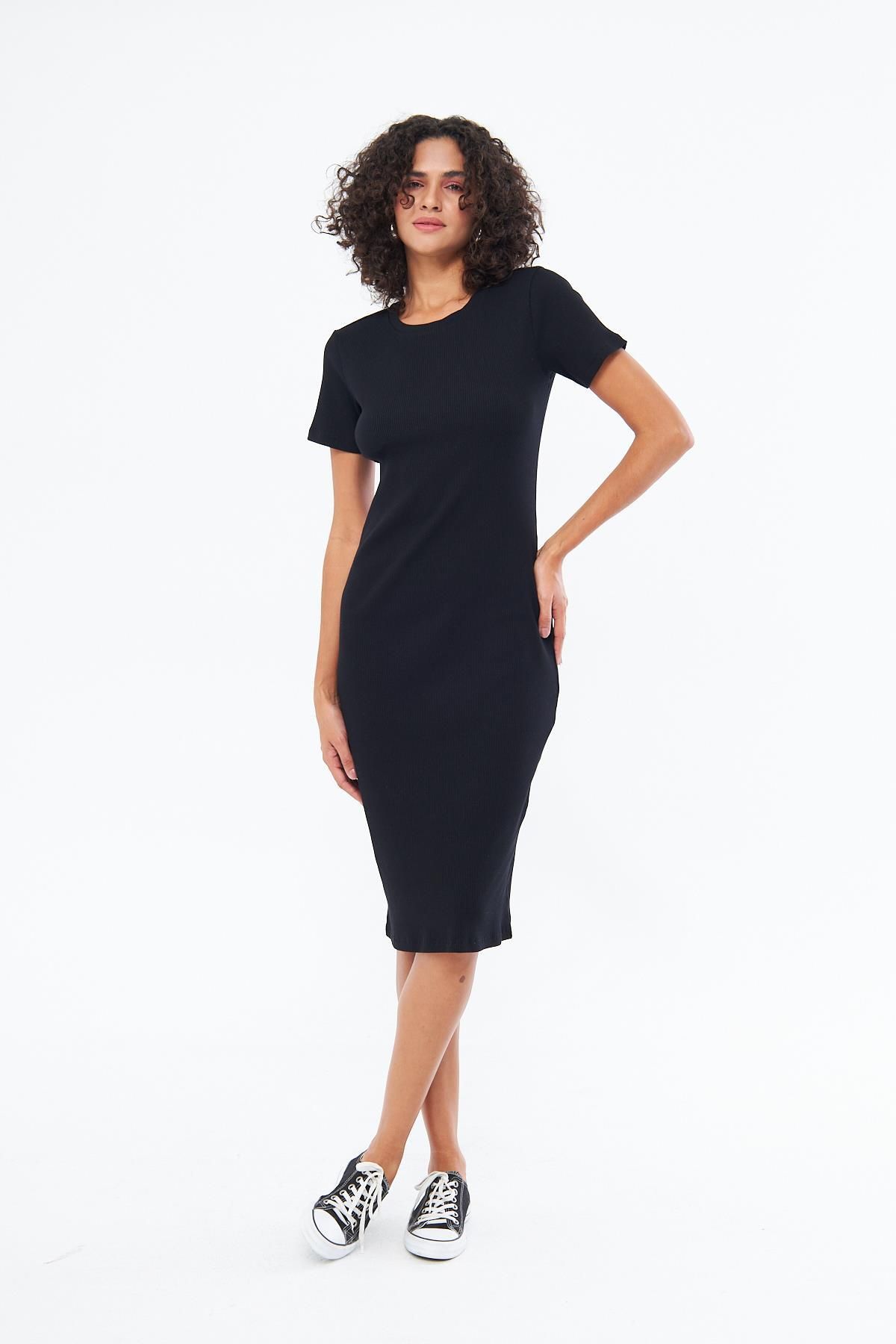 Chandraswear Kadın Siyah Kısa Kol Uzun Elbise - Yaz