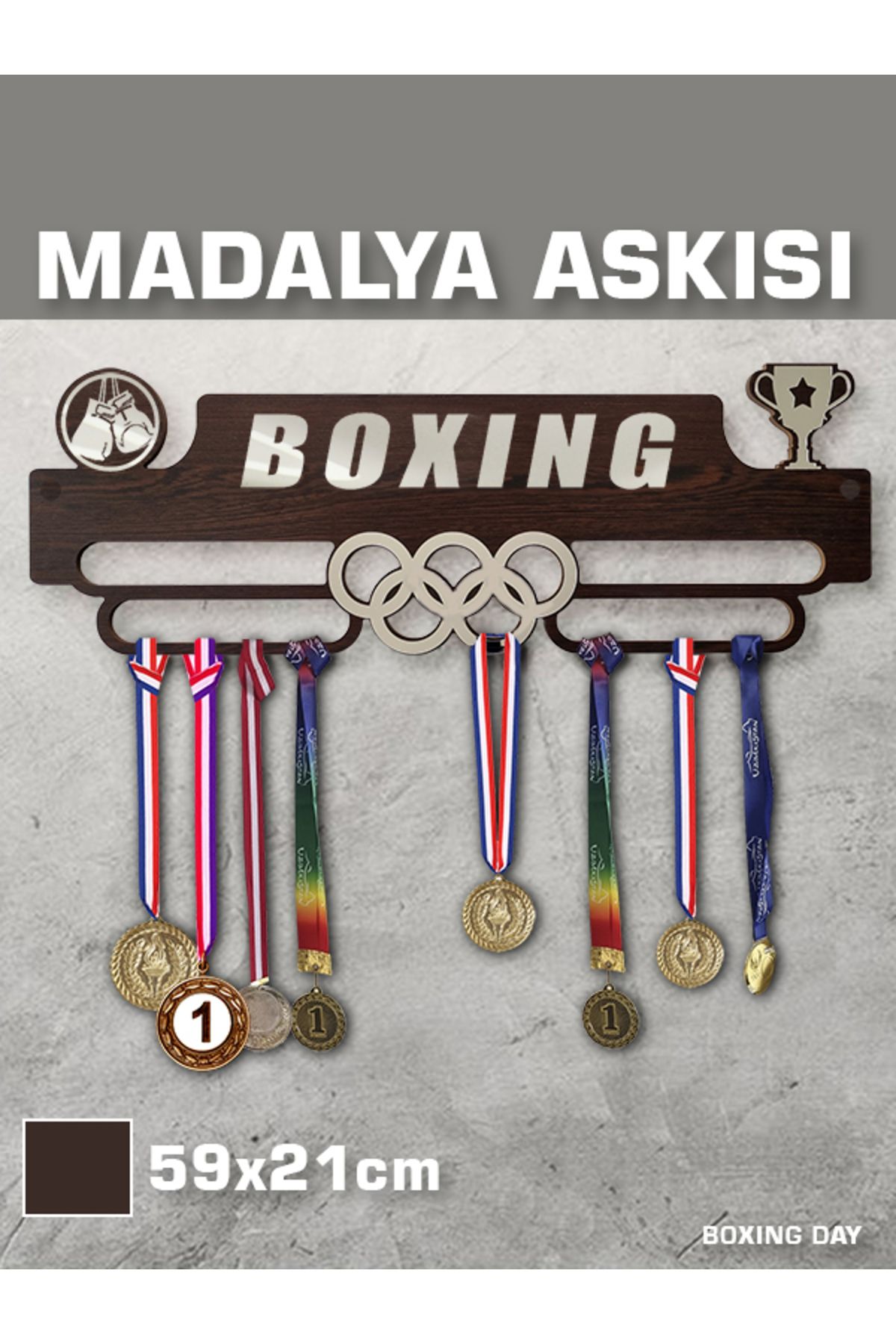 Genel Markalar BOKS Madalya Askısı / BOXING Sporcu Ödül Duvar Askılı Madalyalık Kahverengi Madalya Tutucu M