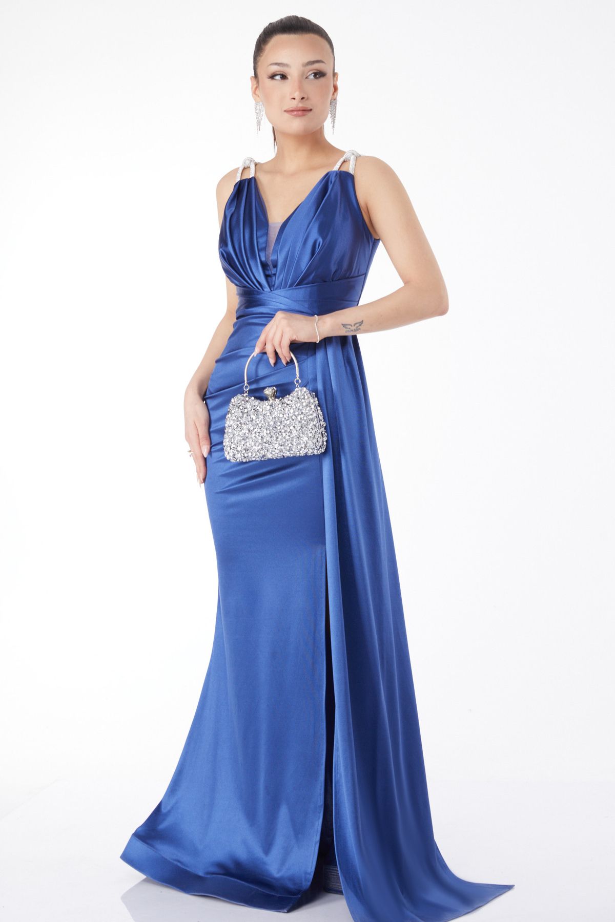 TOFİSA Düz Orta Kadın Mavi Taş Askılı Drape Abiye Elbise - 24589