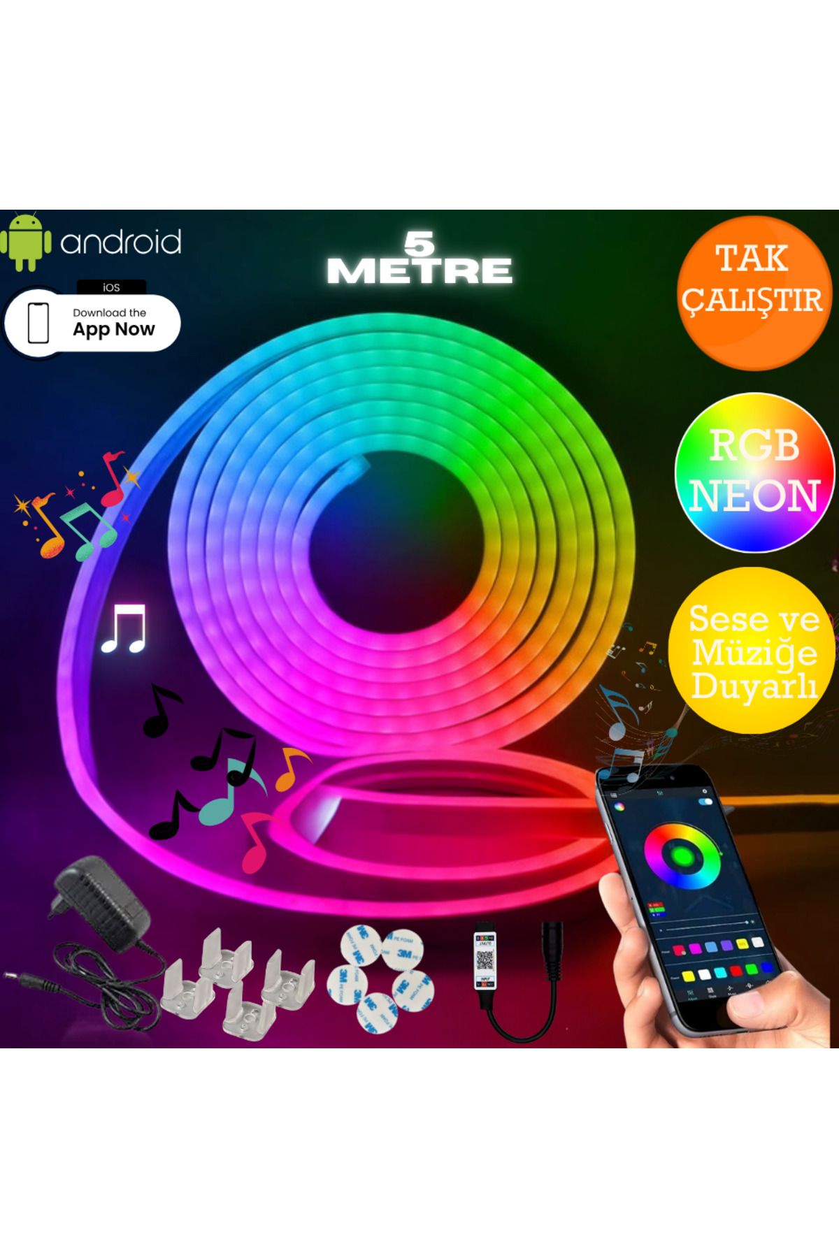 neeko NEON RGB LED - MOBİL KONTROL - Sese ve Müziğe Duyarlı - Full Renk- Tak Çalıştır - 2,5 Metre
