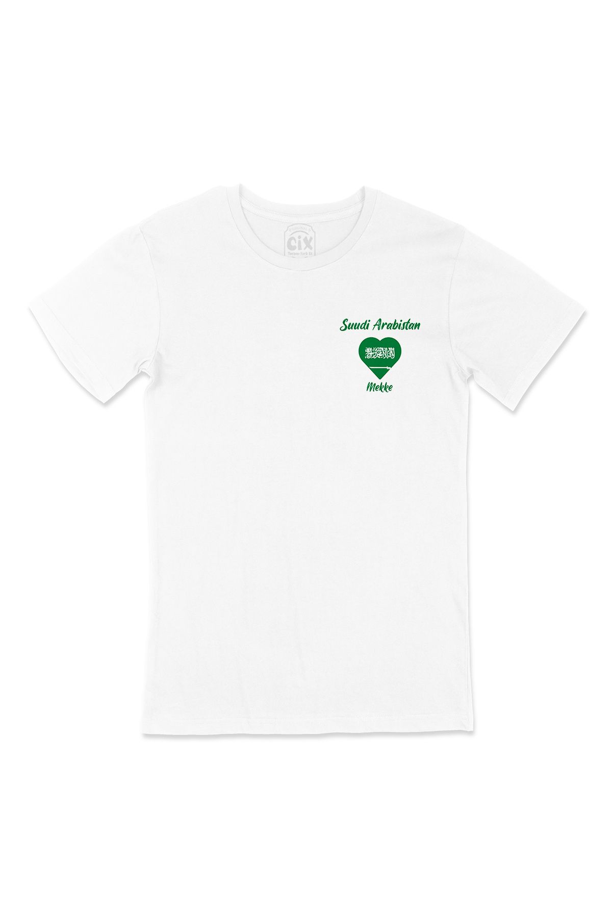 Cix Mekke Suudi Arabistan Bayraklı Kalpli Cep Logo Tasarımlı Beyaz Tişört