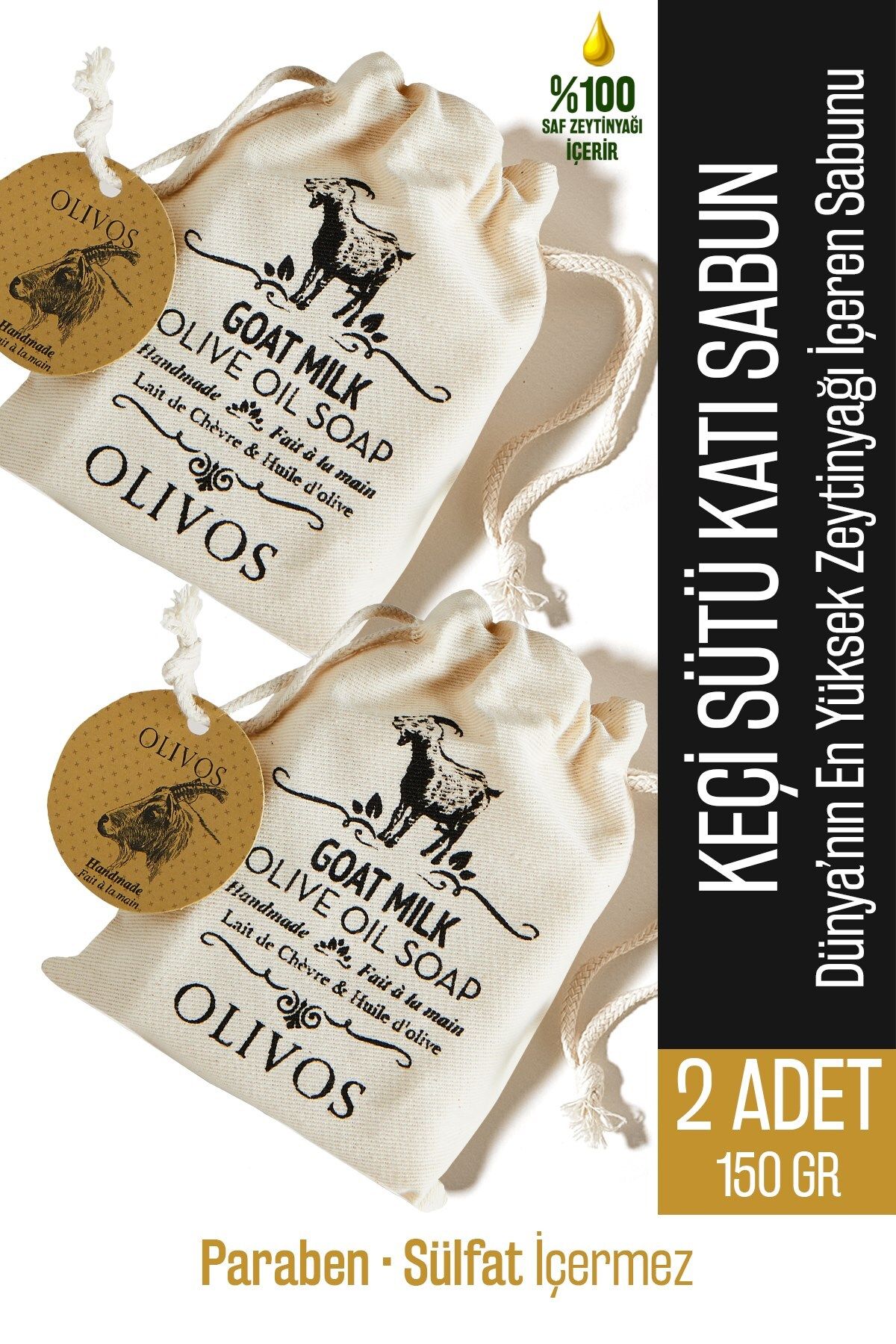 Olivos Doğal Keçi Sütü Ve Zeytinyağlı Katı Sabun Keçi Sütlü El Sabunu Kese Hediyeli 2 ADET 150 Gr