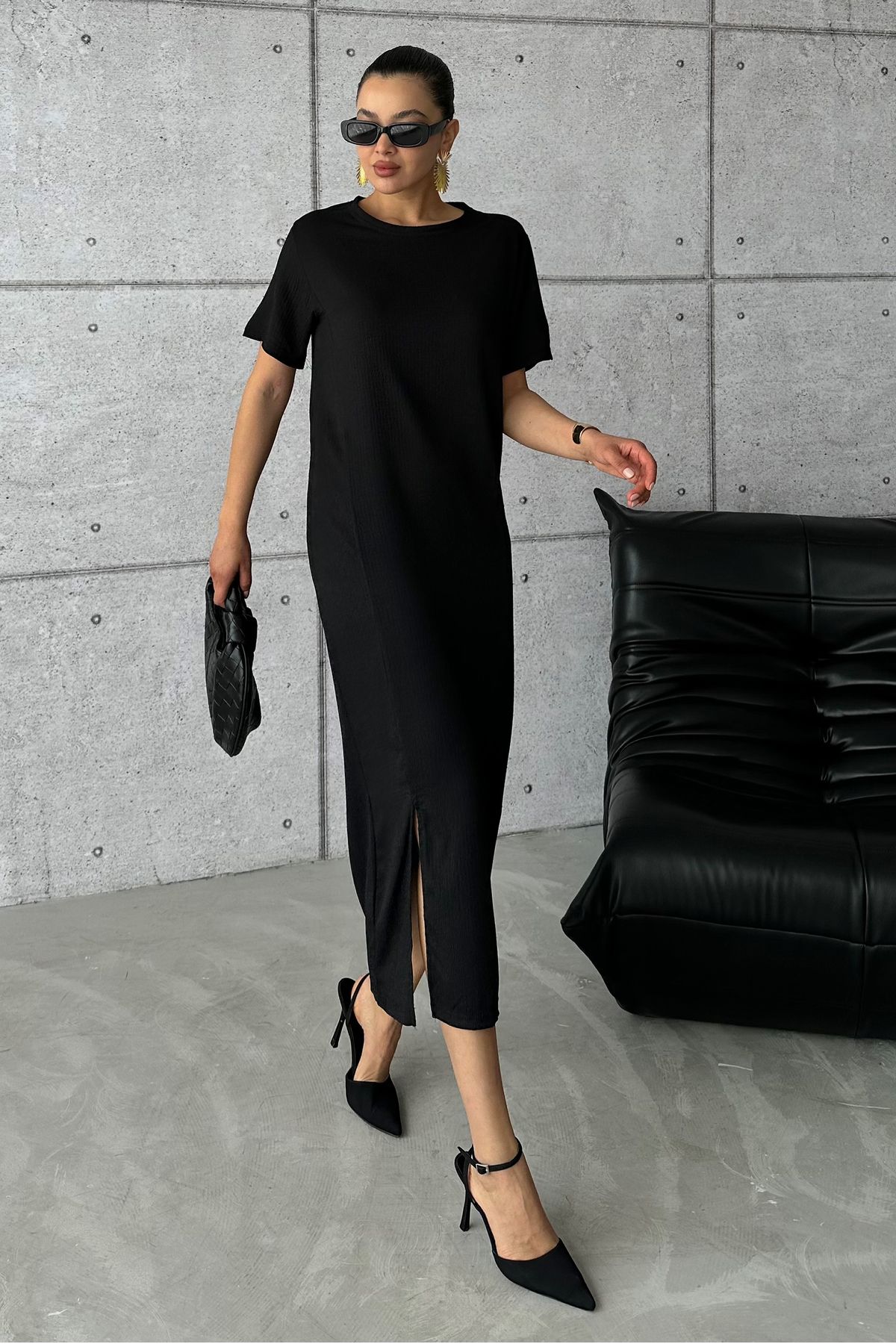 MODAGEN Kadın Siyah Basic Uzun Yırtmaçlı Bürümcük Kumaş Elbise