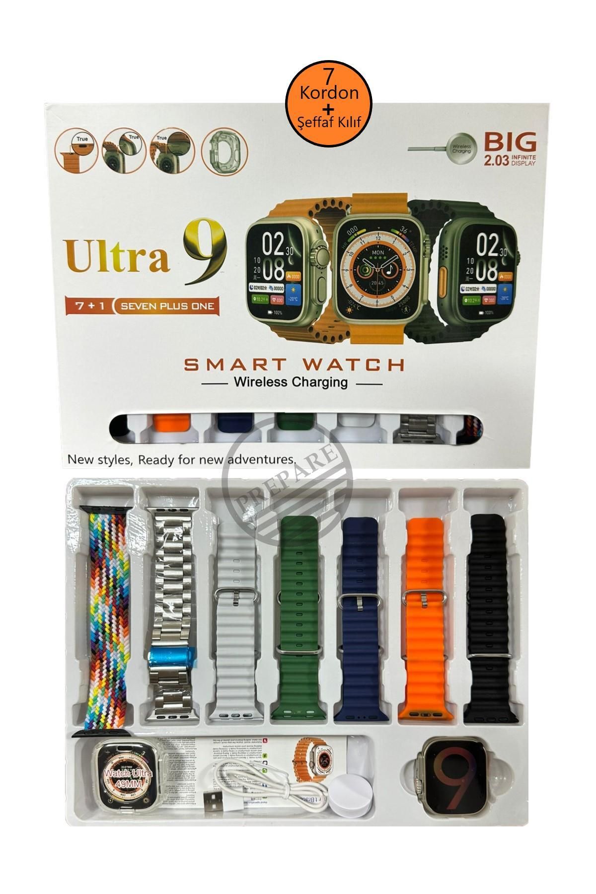 PREPARE Watch 9 Ultra 7 Kordonlu set 49mm 2.03 inç Ekran Kılıf Hediyeli Sesli Arama Bildirim Özellikli 7+1
