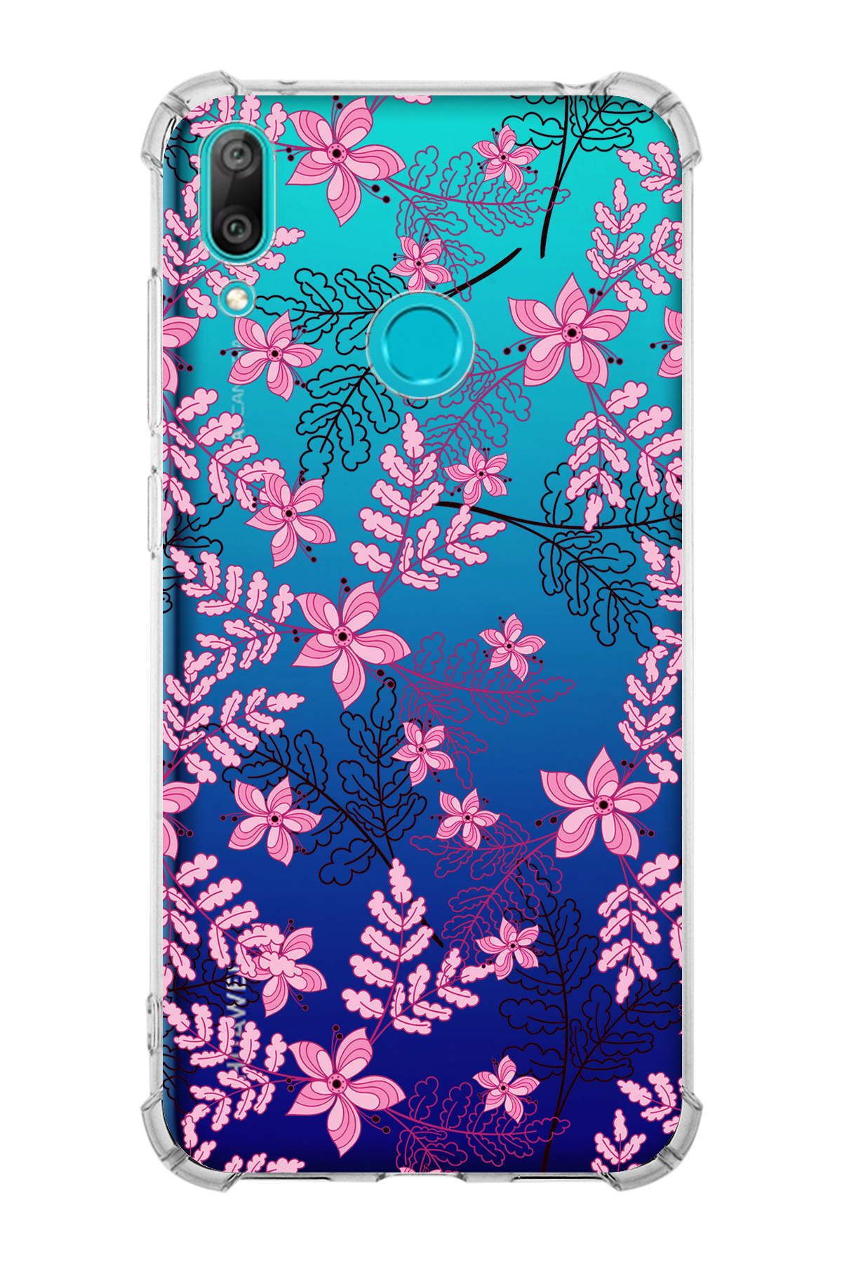 PrintiFy Huawei Y7 2019 Uyumlu Köşe Korumalı Floral Pembe Tasarımlı Şeffaf Silikon Kılıf