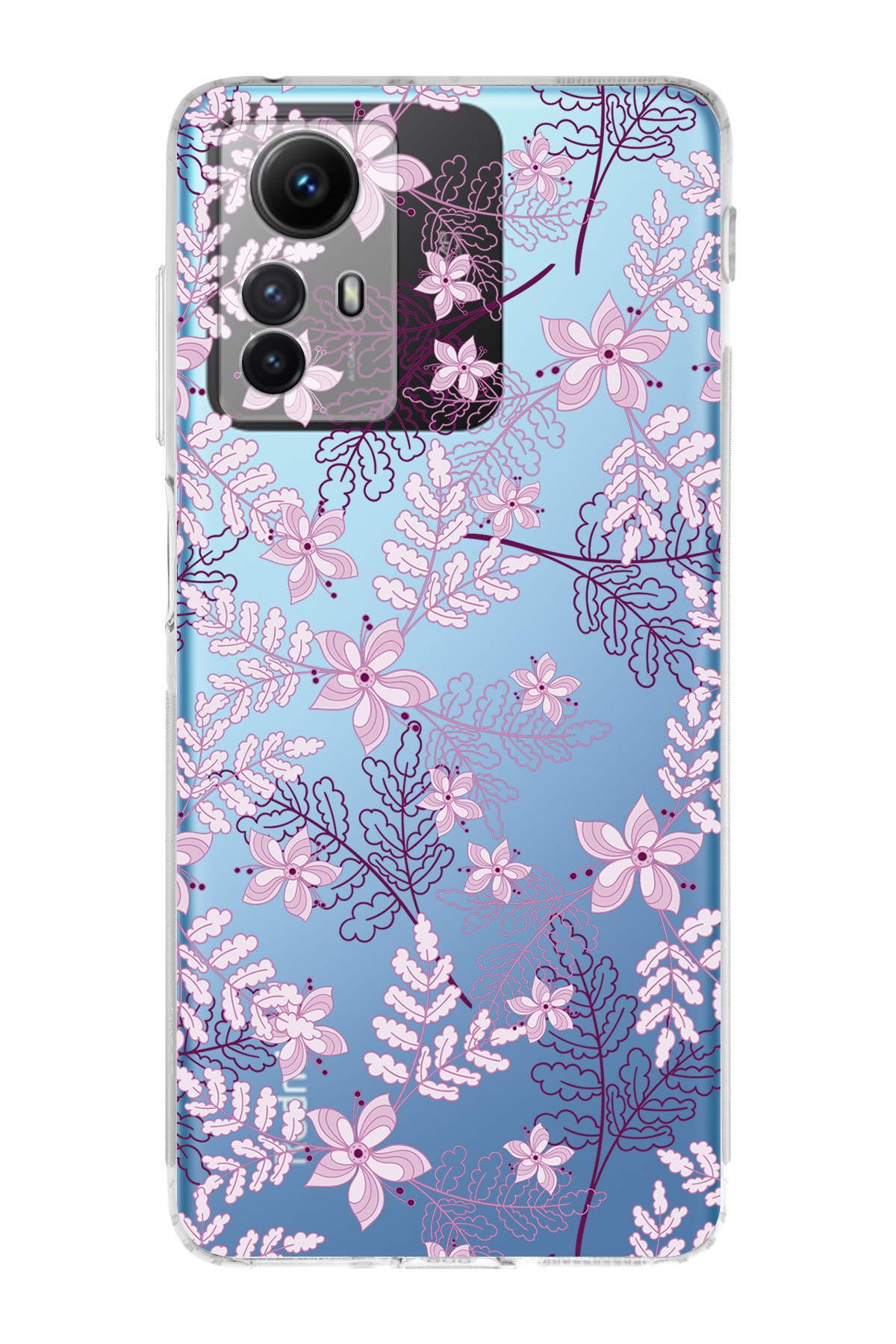 PrintiFy Xiaomi Redmi Note 12S Uyumlu Kamera Korumalı Floral Pudra Tasarımlı Şeffaf Kılıf