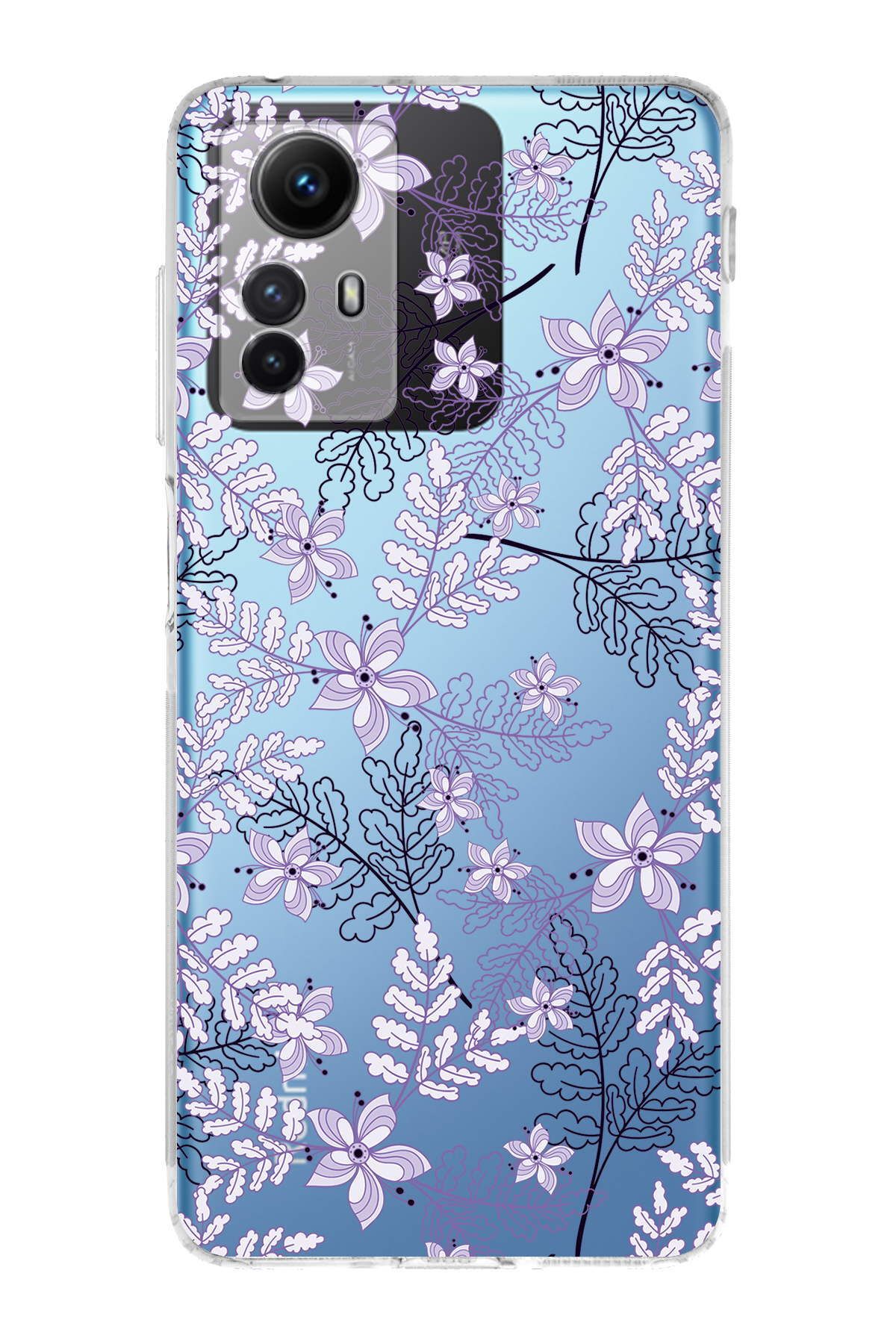 PrintiFy Xiaomi Redmi Note 12S Uyumlu Kamera Korumalı Floral Lila Tasarımlı Şeffaf Kılıf