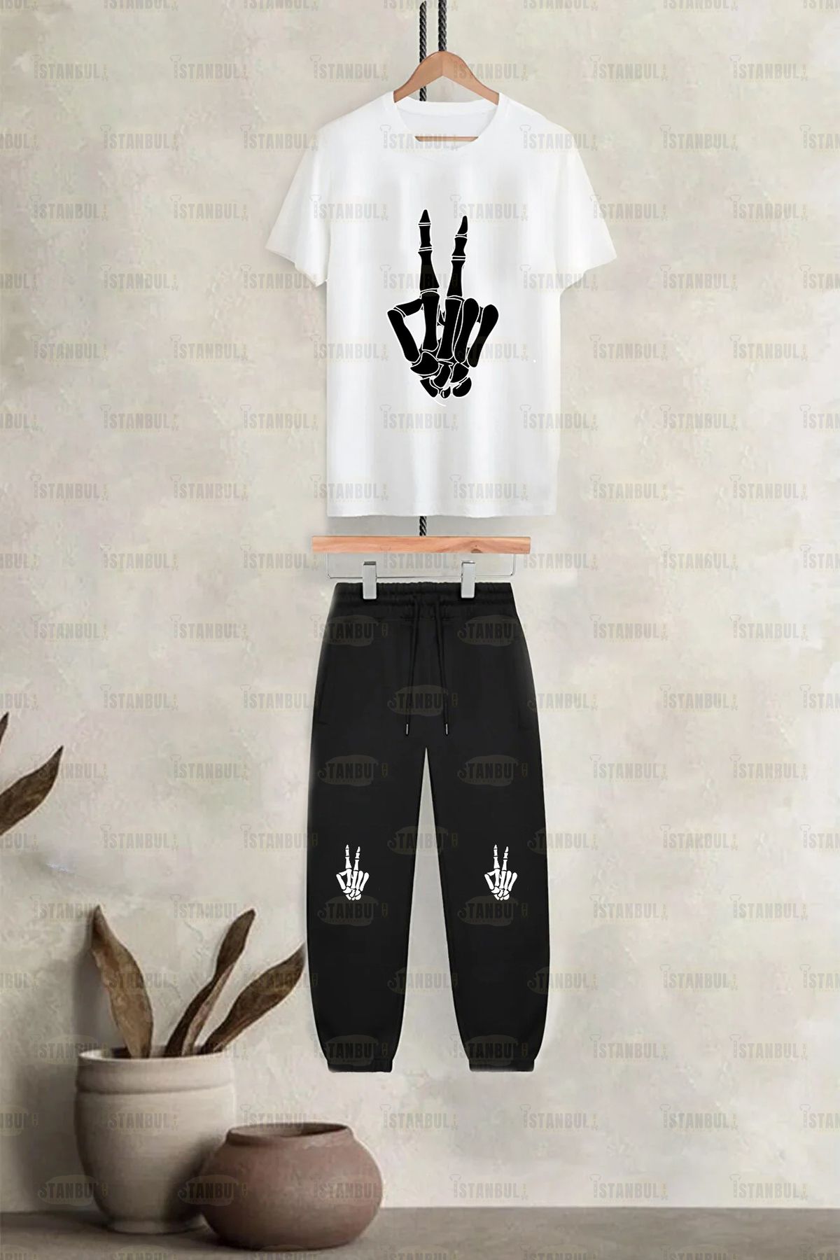 aynewmoda İskelet el barış işareti - Skeleton hand pease sign Baskılı T-shirt Eşofman Alt Üst Takımı
