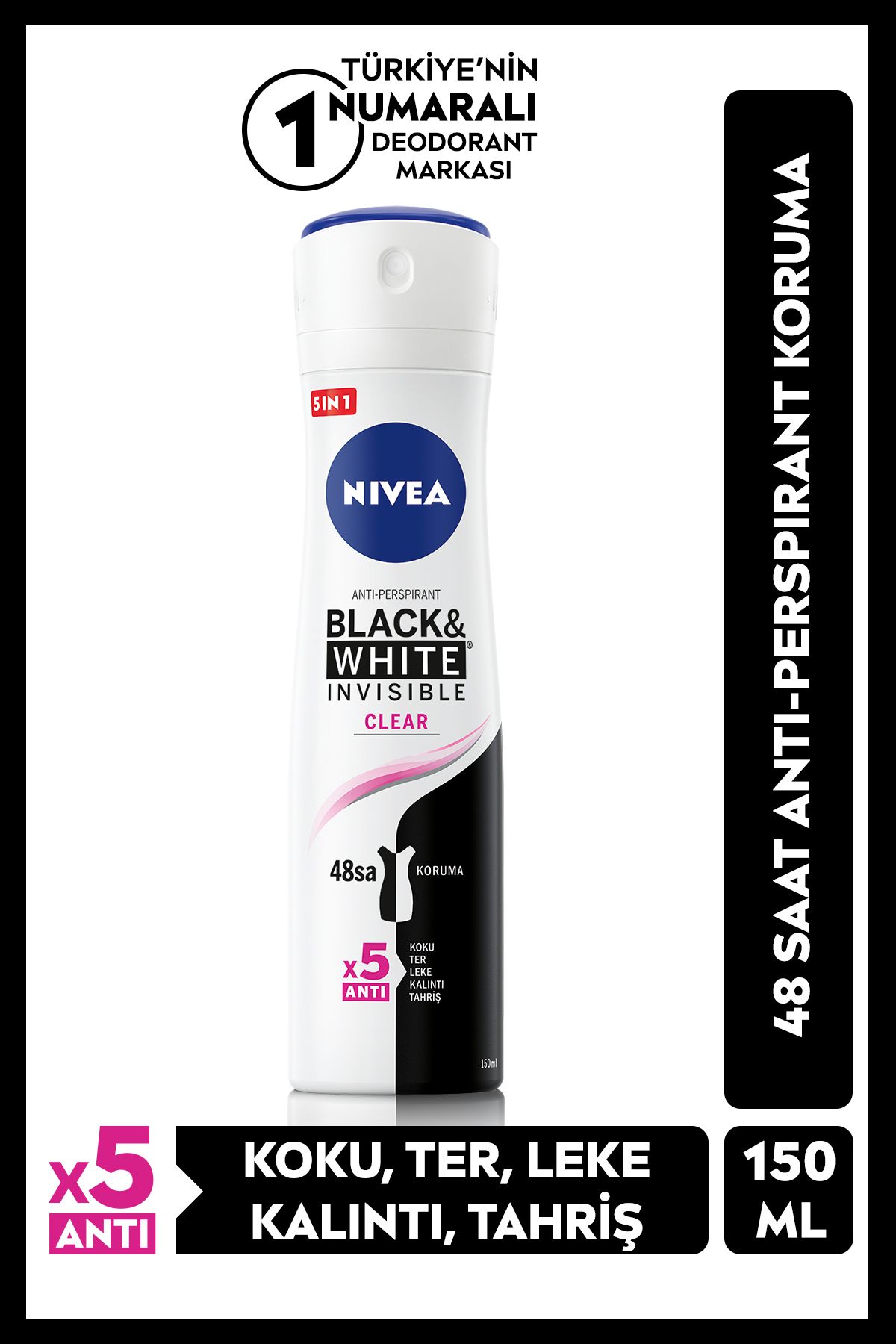 NIVEA Kadın Sprey Deodorant Black&white Invisible Clear 150ml, 48 Saat Anti-perspirant, Ter Kokusu