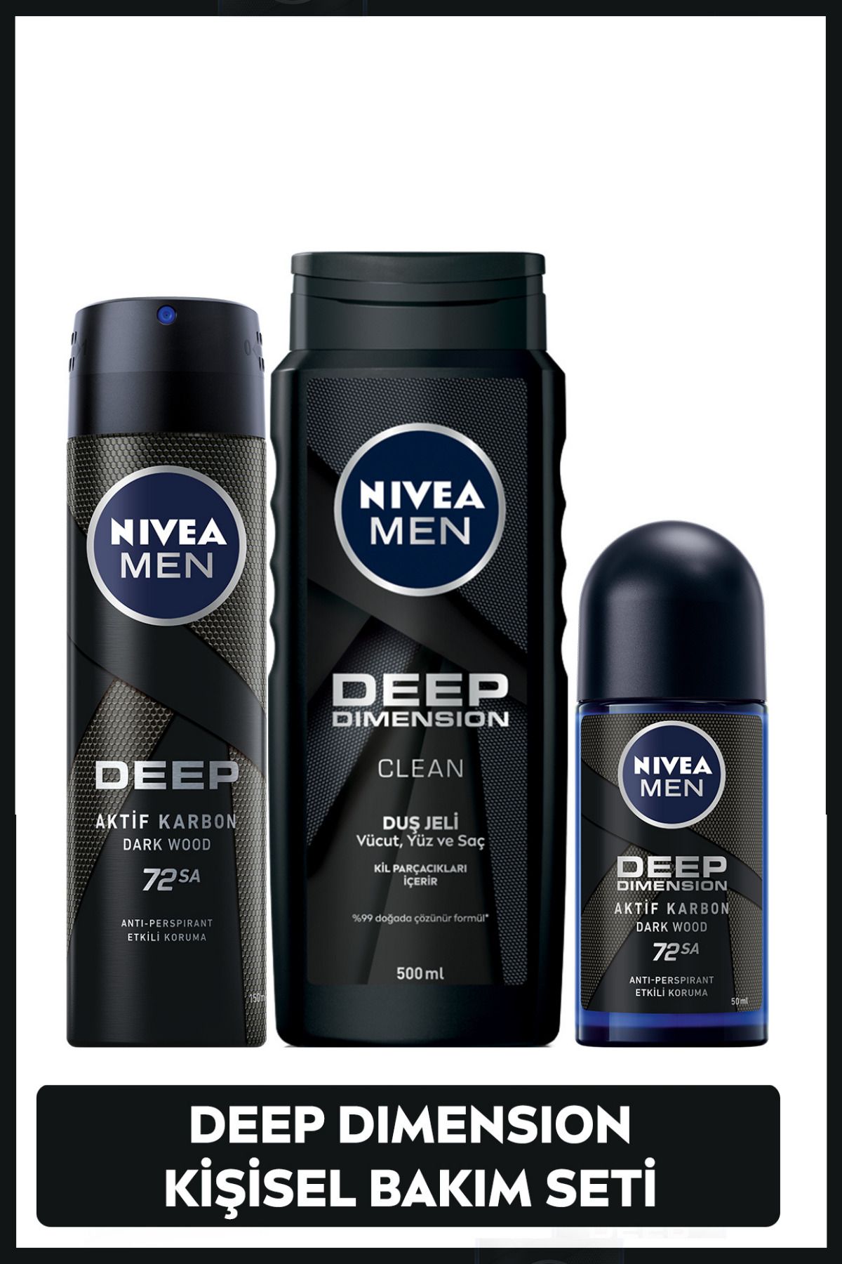 NIVEA MEN Erkek Deep Dimension Bakım Seti, Duş Jeli 500ml, Sprey Deodorant 150ml ve Roll-on 50ml