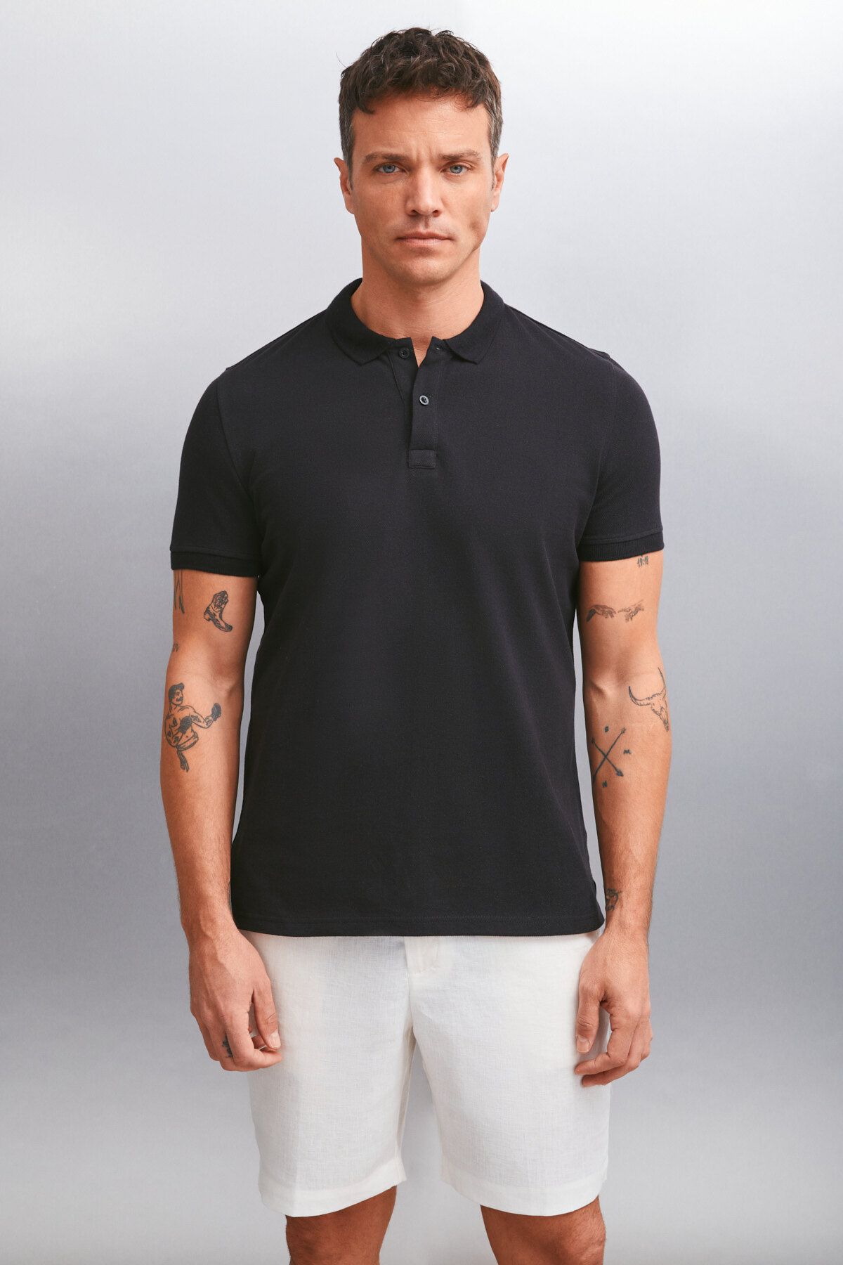 GRIMELANGE Marten Erkek %100 Pamuk Kısa Kollu Regular Fit Siyah Polo Yaka T-shirt