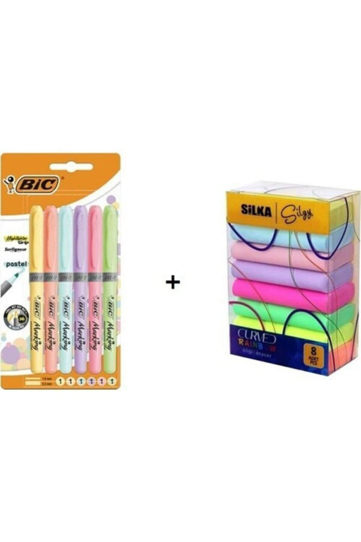 Bic 992561 Fosforlu Kalem Brite Liner Grip Pastel 6'lı + Silka Curved Rainbow Neon Pastel Silgi 8'li