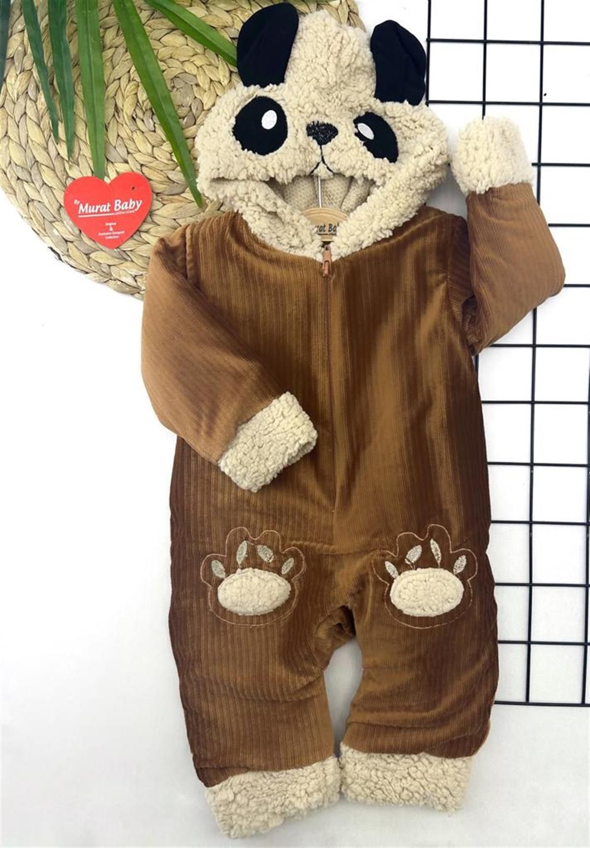 TRENDİMİZBİR (BY MURAT BABY) Panda Şapkalı Fermuarlı Yünlü Bebek Tulum