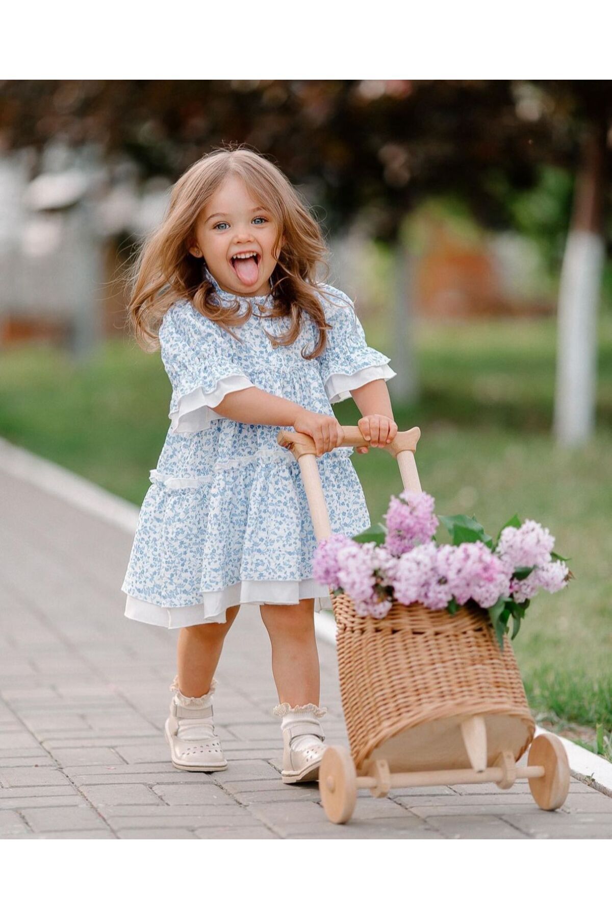 Magu Kız Çocuk Mavi Çiçek Desenli Astarlı Pamuklu Elbise