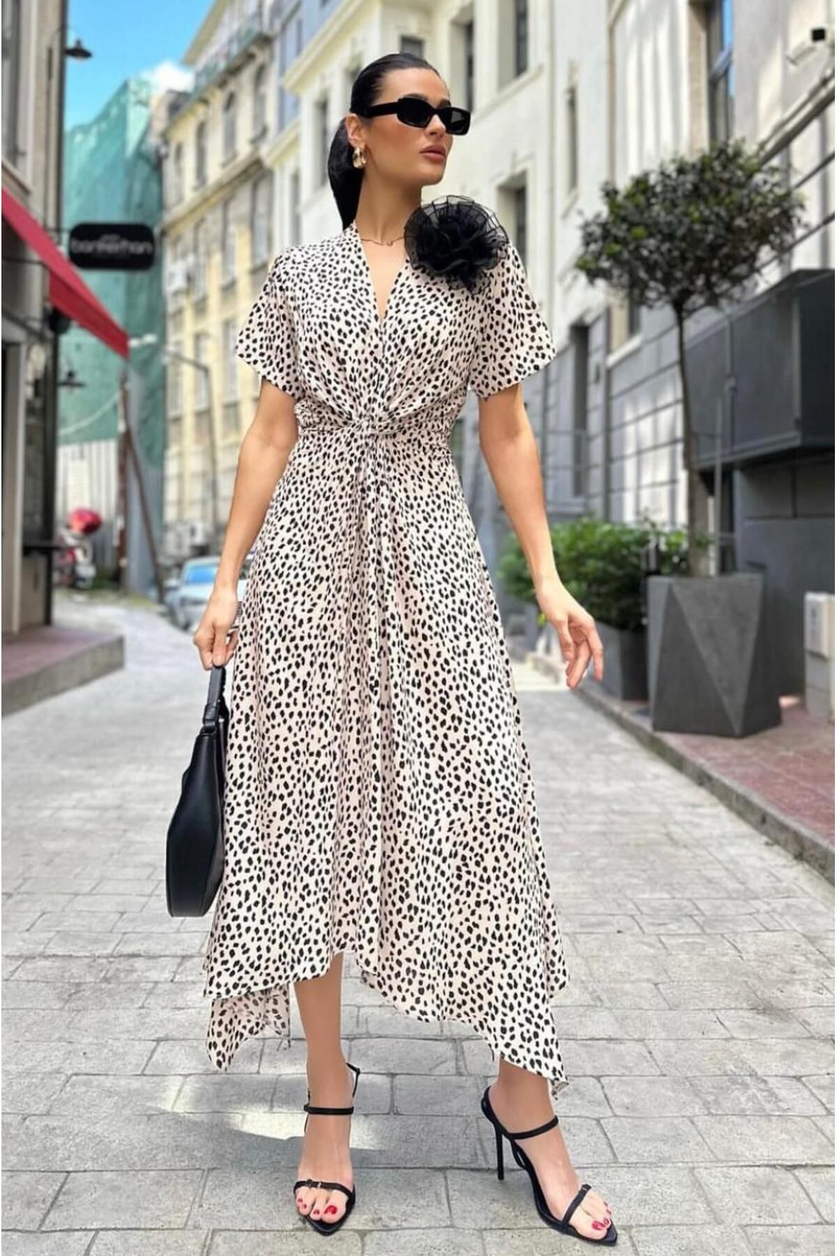 My Blog Leopar Desenli Önü Düğümlü Elbise