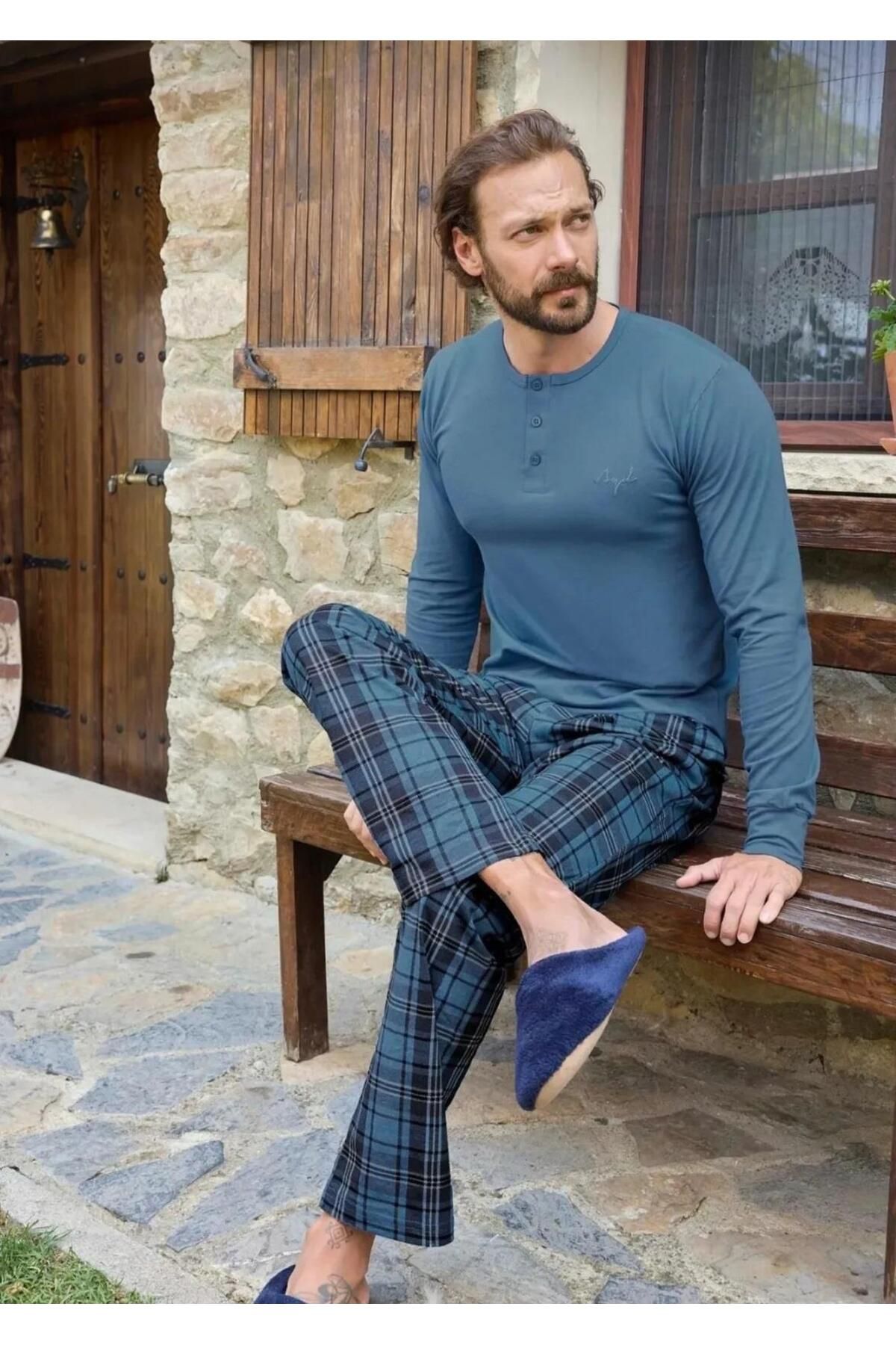 Aydoğan 3487 Erkek Modal Uzun Kollu Pijama Takımı Mavi