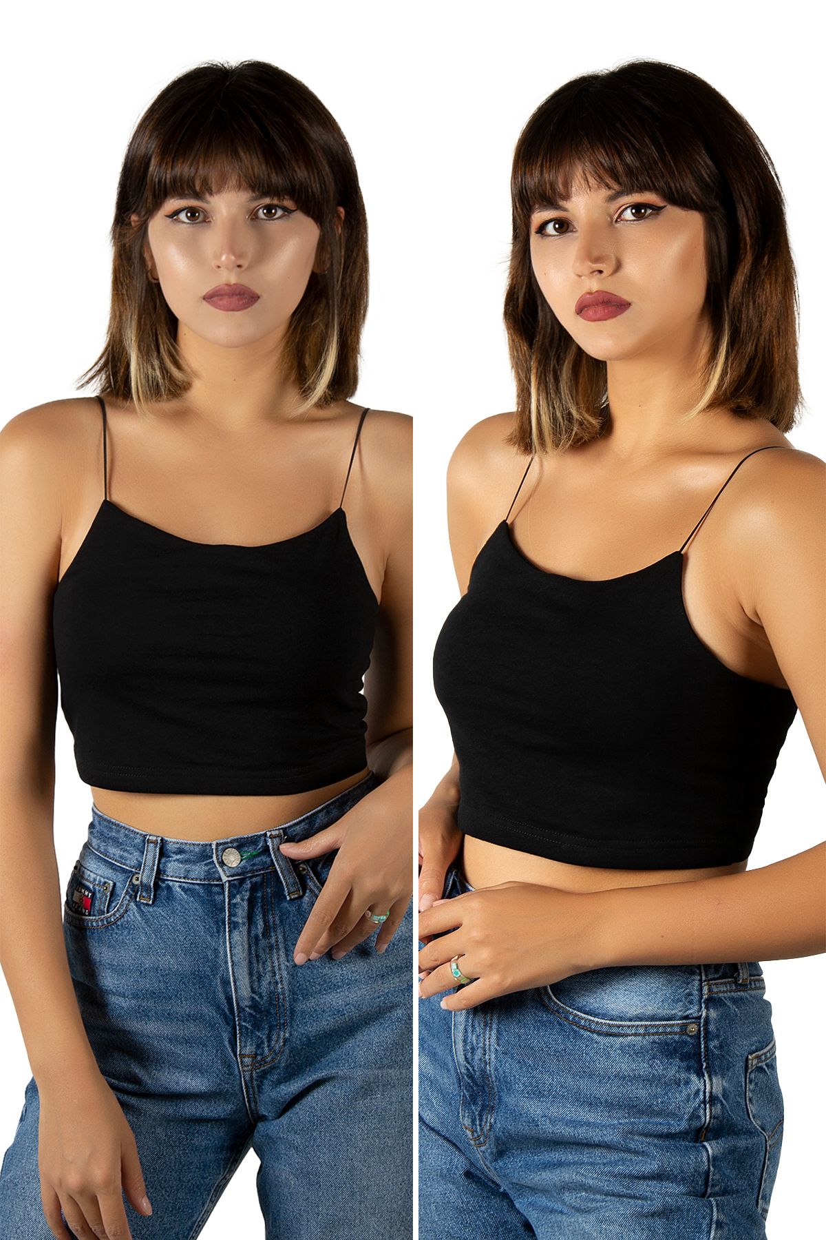 VEAVEN 2'li Paket Kadın Siyah İp Askılı Pamuklu Crop Top Büstiyer Bluz Atlet