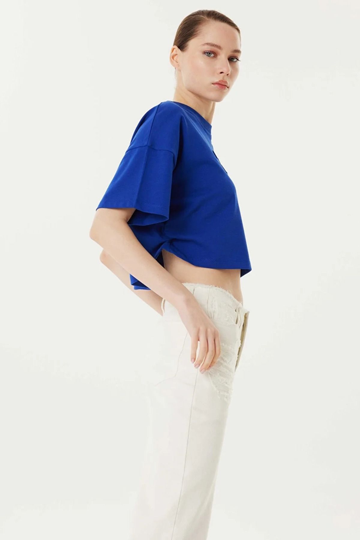 Twist Kadın 3D Slogan Baskılı T-Shirt - Saks Mavi