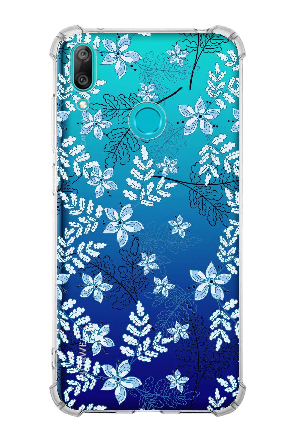 PrintiFy Huawei Y7 2019 Uyumlu Köşe Korumalı Floral Mavi Tasarımlı Şeffaf Silikon Kılıf
