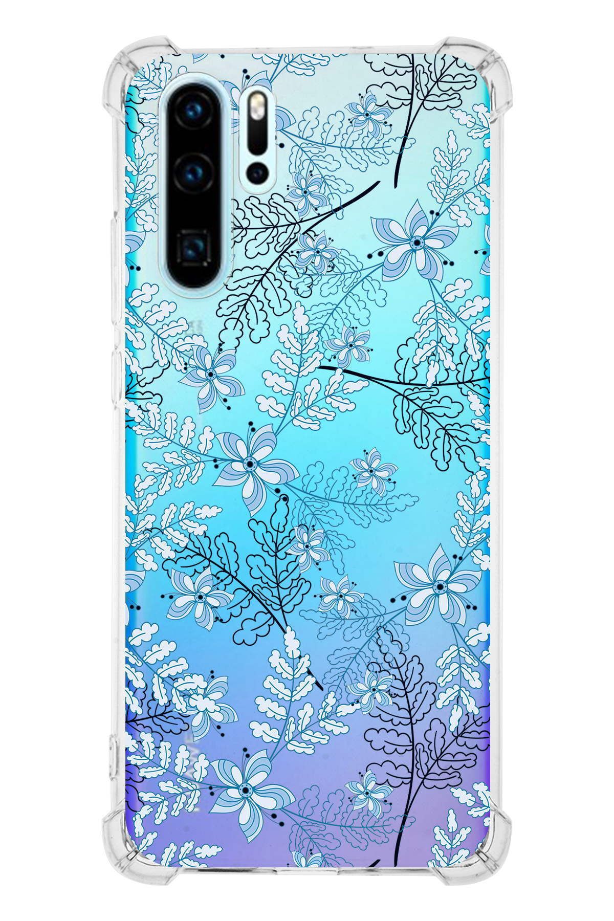 PrintiFy Huawei P30 Pro Köşe Korumalı Floral Mavi Tasarımlı Şeffaf Silikon Kılıf