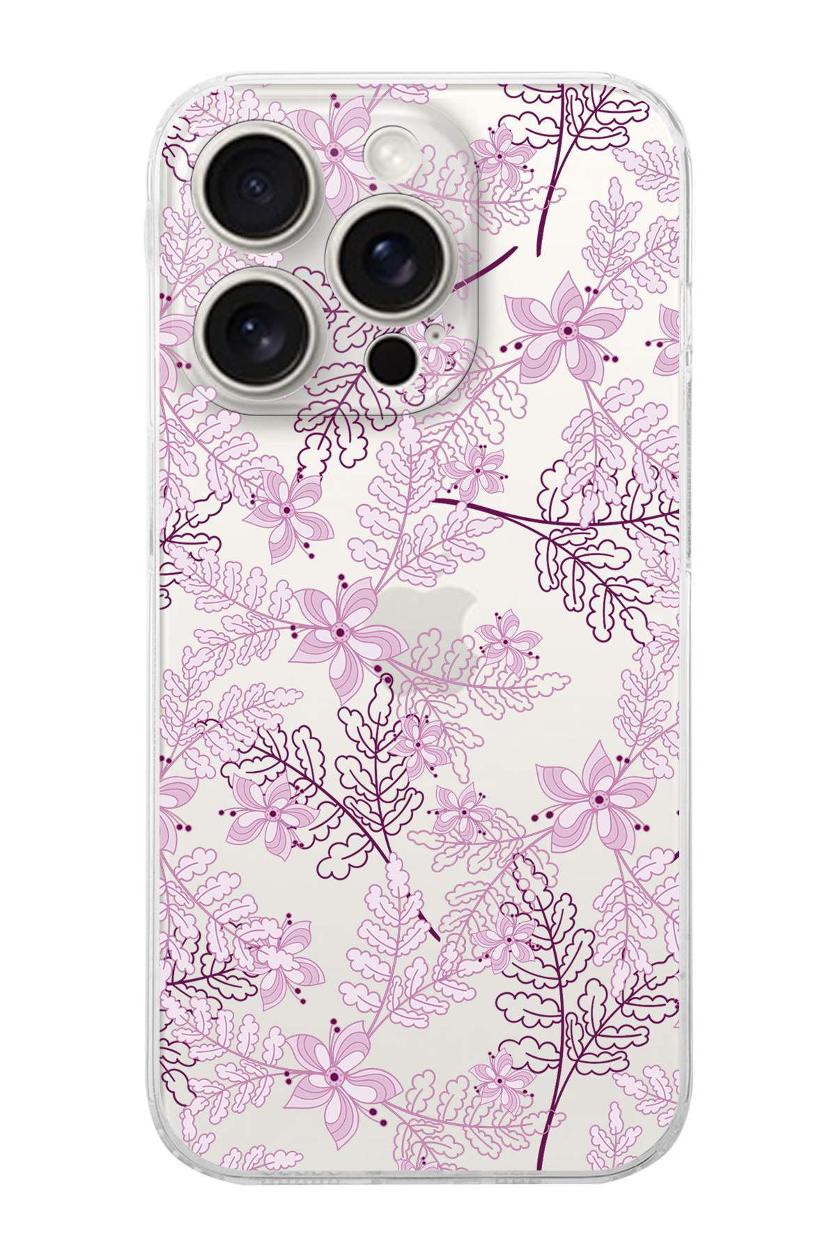 PrintiFy Apple iPhone 15 Pro Max Uyumlu Kamera Korumalı Floral Pudra Tasarımlı Şeffaf Kılıf