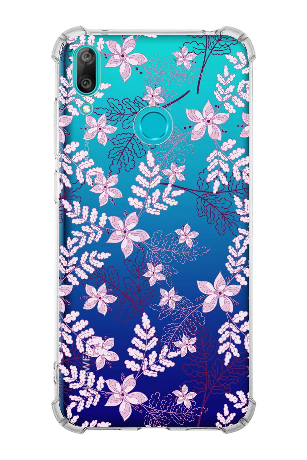 PrintiFy Huawei Y7 2019 Uyumlu Köşe Korumalı Floral Pudra Tasarımlı Şeffaf Silikon Kılıf