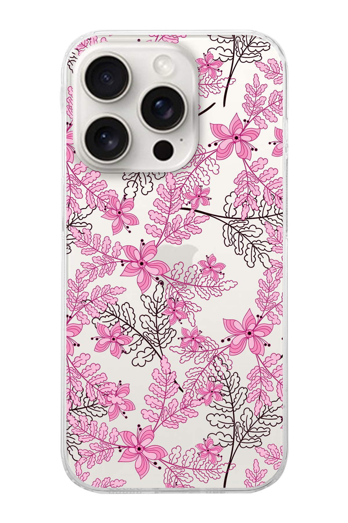 PrintiFy Apple iPhone 15 Pro Max Uyumlu Floral Pembe Tasarımlı Slim Fit Şeffaf Silikon Kılıf